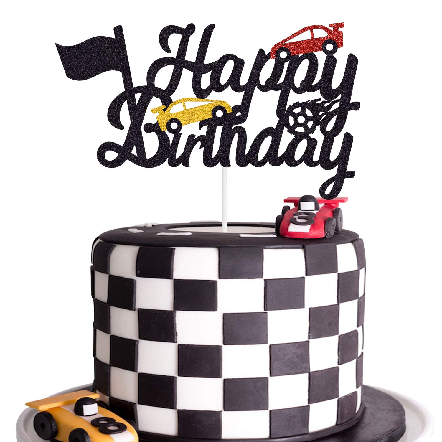 Marwey Race Car Birthday Cake Topper - Happy Birthday Cake Decor with Chequered Flag Design - Double-Sided Party Supplies for Kids' Race Car Themed Birthday Celebrations