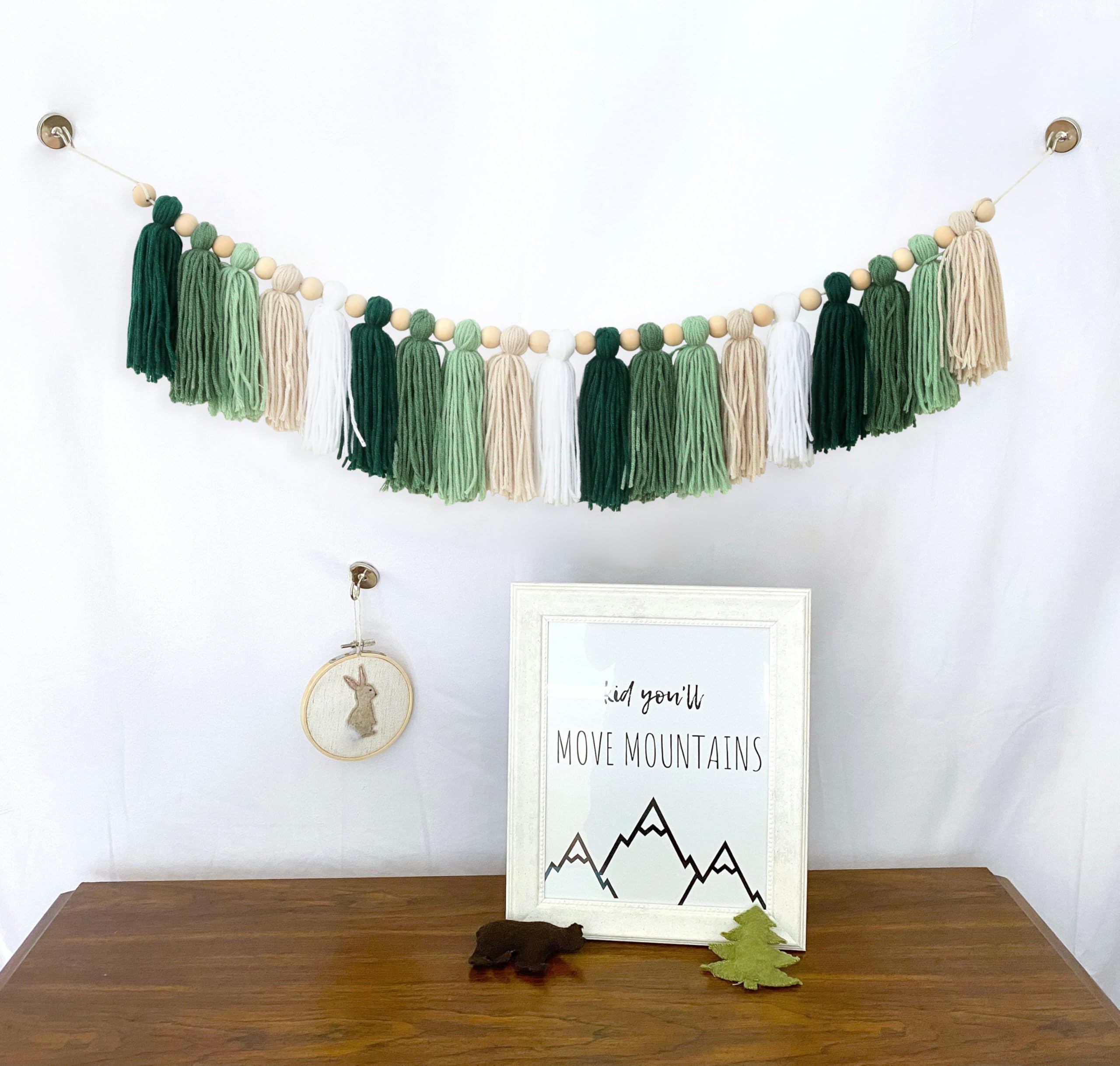 Natural Wood Bead Garland with Green Tassels - Boho Wall Hanging Decor for Nursery, Kids Bedroom, Baby Shower & Birthday Party | Perfect for Bohemian Home Decor and Photo Backdrops
