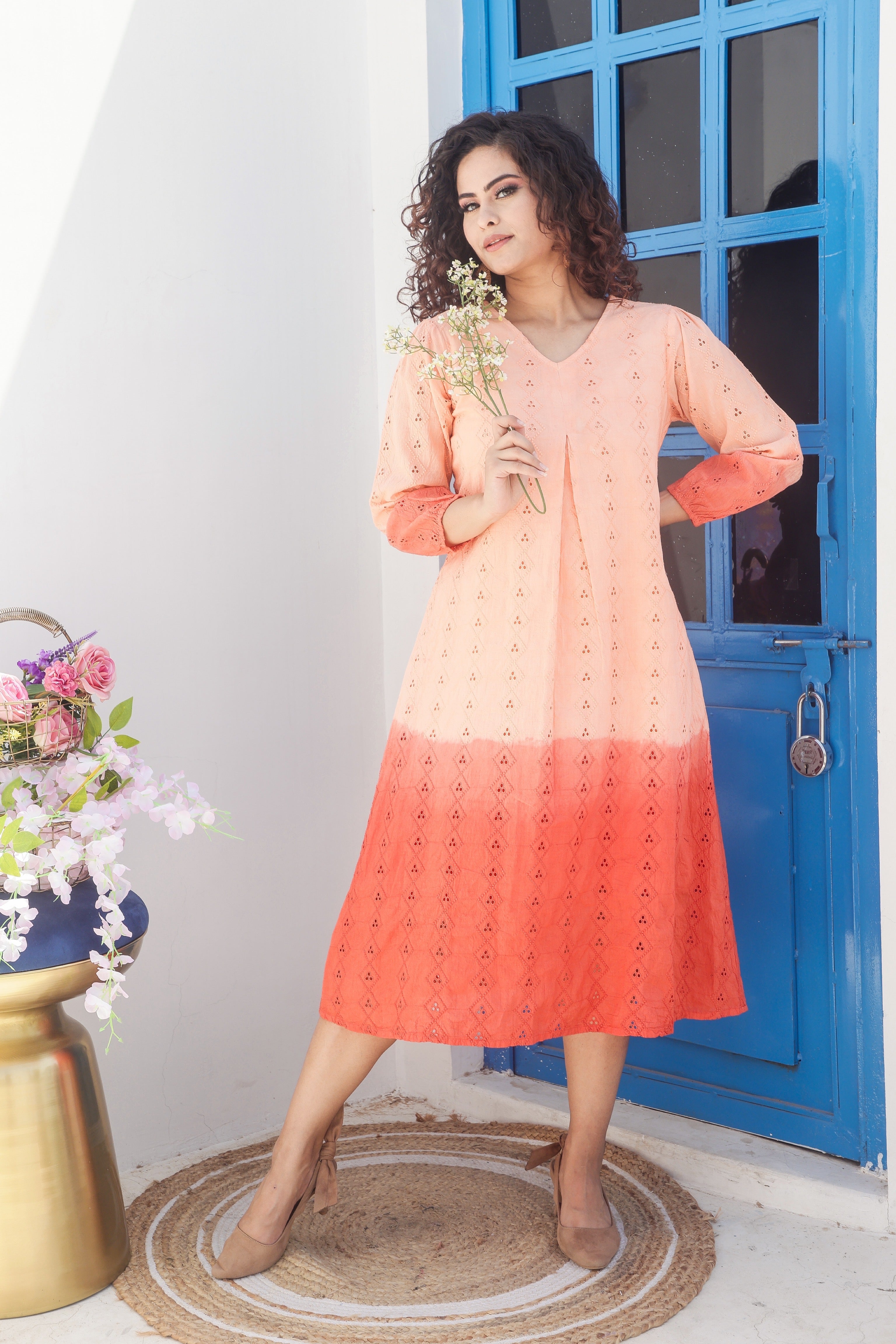 Stylish Peach Schiffli Tie-Dye Dress for Women - Boho Summer Dress for Beach, Vacation & Casual Outings