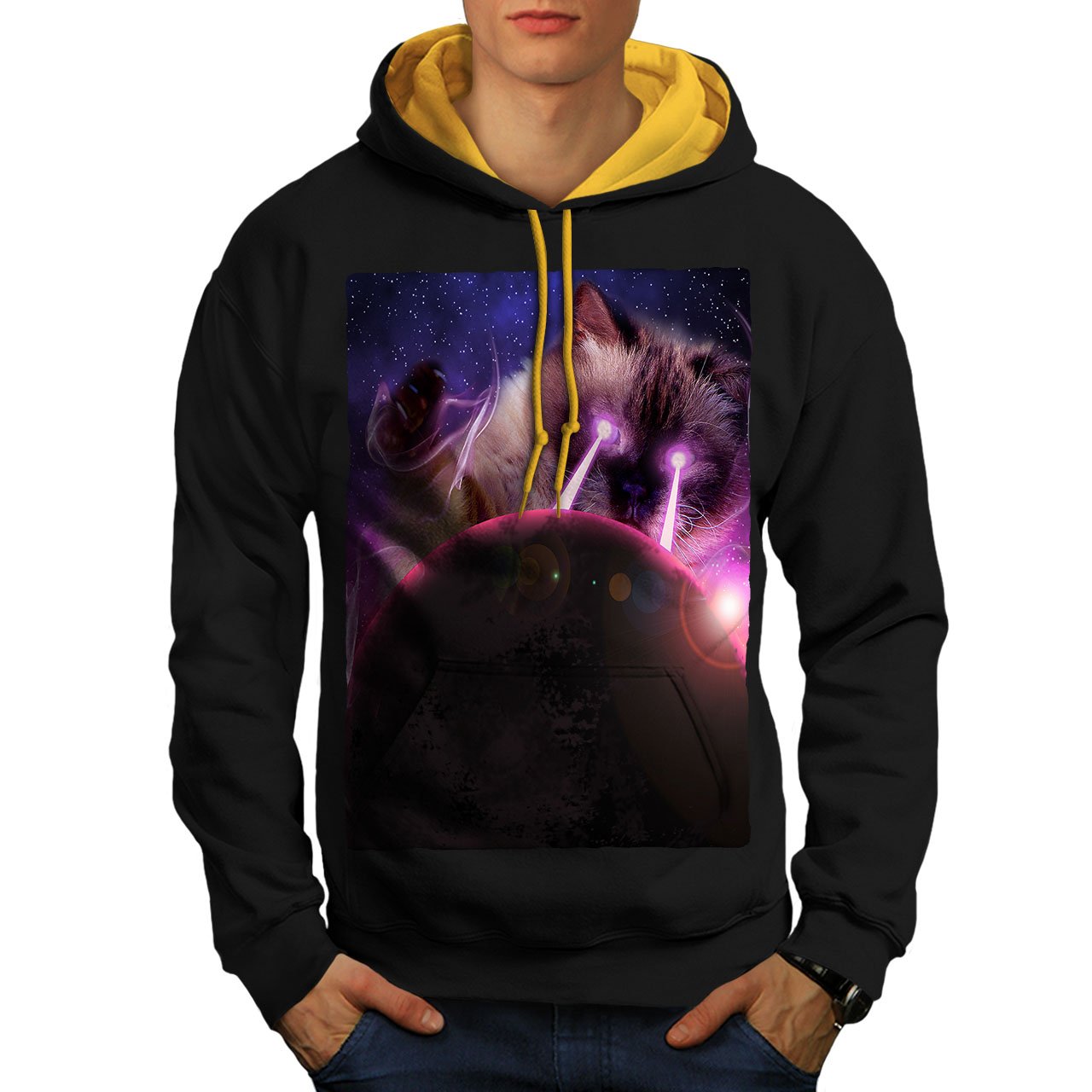 Wellcoda Space Cat Laser Eye Men's Contrast Hoodie - Funny Graphic Hooded Sweatshirt for Casual Wear, Street Style & Gifts