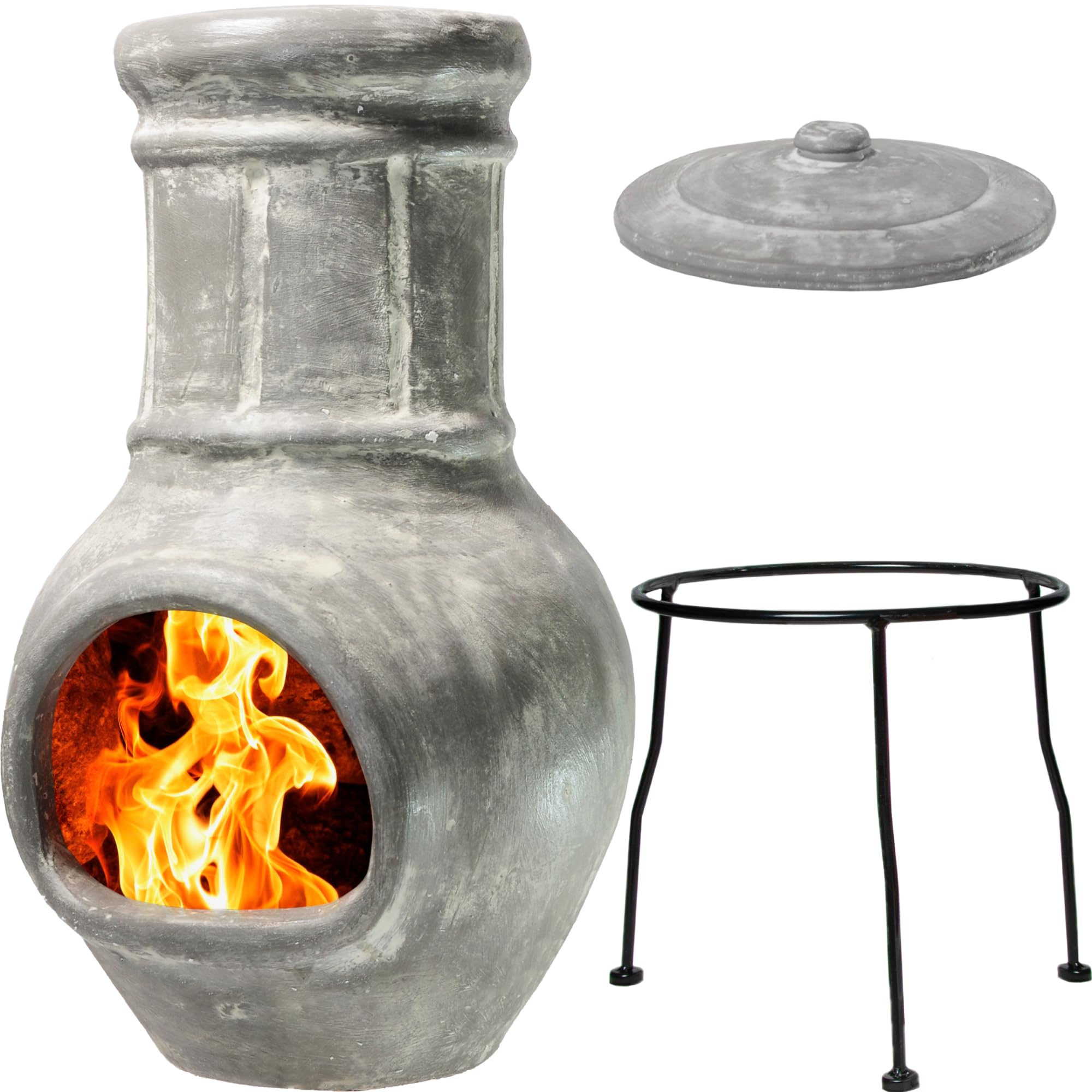 Small Clay Chiminea Outdoor Fireplace - 12x12x27 Inch Rustic Terracotta Chimenea with Chimney Rain Lid & Metal Stand - Perfect for Patio, Garden, Backyard Fire Pit & Camping