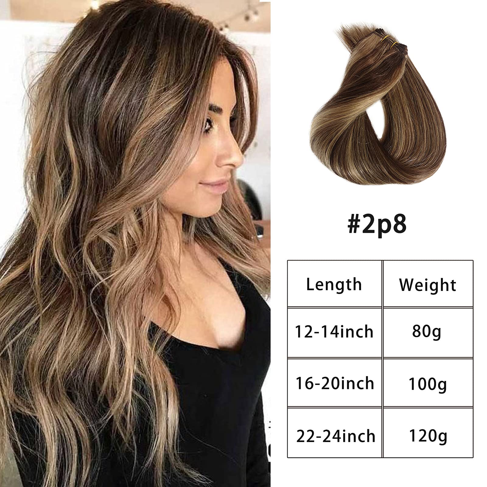 16 Inch 100g Straight Sew-in Hair Weft Bundles - Double Weft Brazilian Remy Human Hair Extensions in Dark Brown with Ash Brown Highlights for Women | Perfect for Daily Styling, Special Occasions & Volume Enhancement
