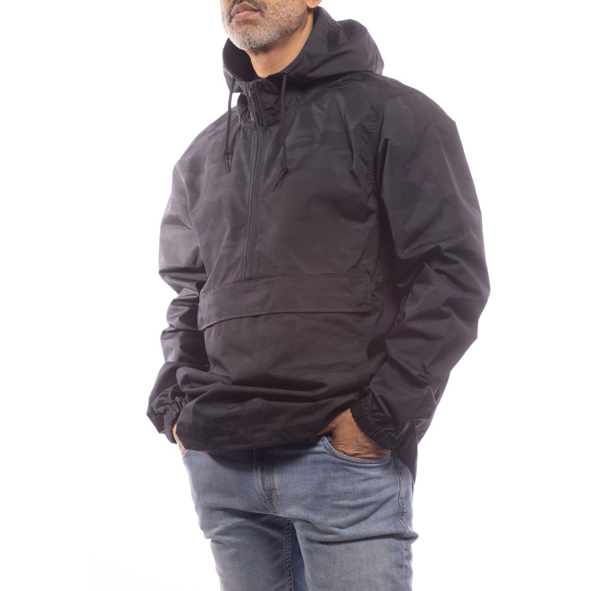 Upcycled Black Camo Anorak Rain Jacket - Sustainable Waterproof Outdoor Wear for Hiking & Urban Adventures