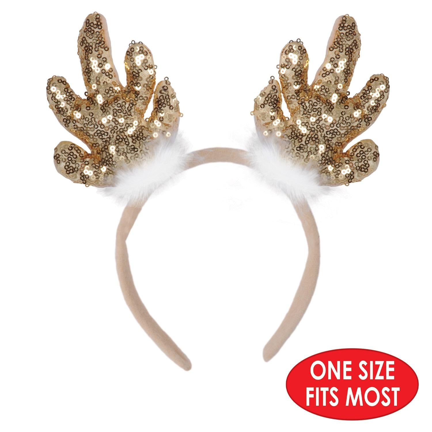 12 Pack Beistle Christmas Sequined Reindeer Antlers Headbands - Festive Holiday Party Accessories for Women, Kids, Christmas Tree Decorations & Office Celebrations