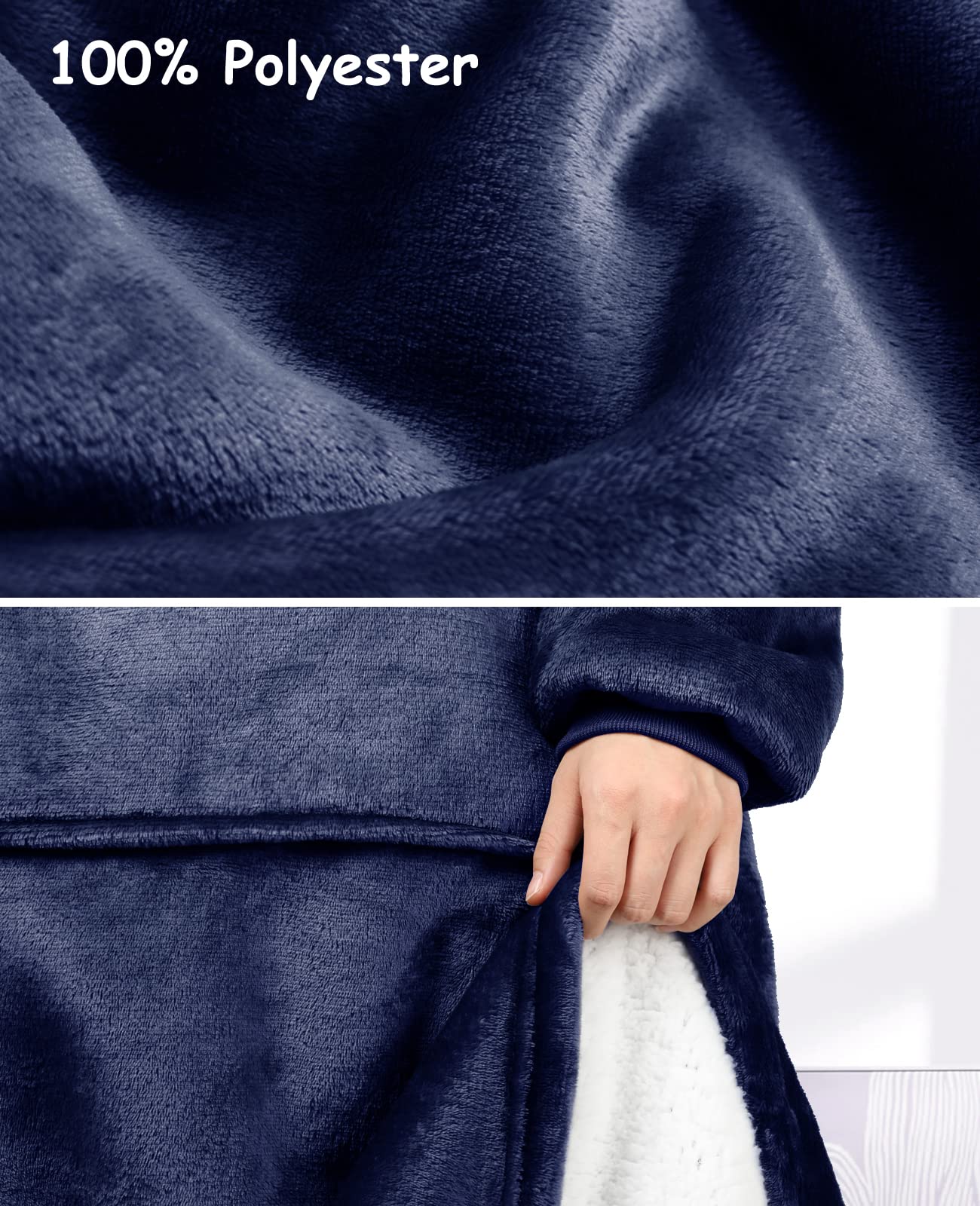 Sendowtek Wearable Blanket Hoodie for Women & Men - Soft Sherpa Fleece Long Hooded Blanket with Giant Pocket, One Size Fits Adults & Teens - Perfect for Lounging, Camping & Cold Weather (Navy Blue)