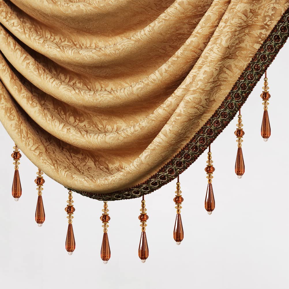 ELKCA Jacquard Waterfall Valance with Luxury Beads - Yellow Window Curtain Valance for Living Room, Rod Pocket Design, 1 Panel (79 Inches Wide) - Perfect for Living Room, Bedroom & Home Decor