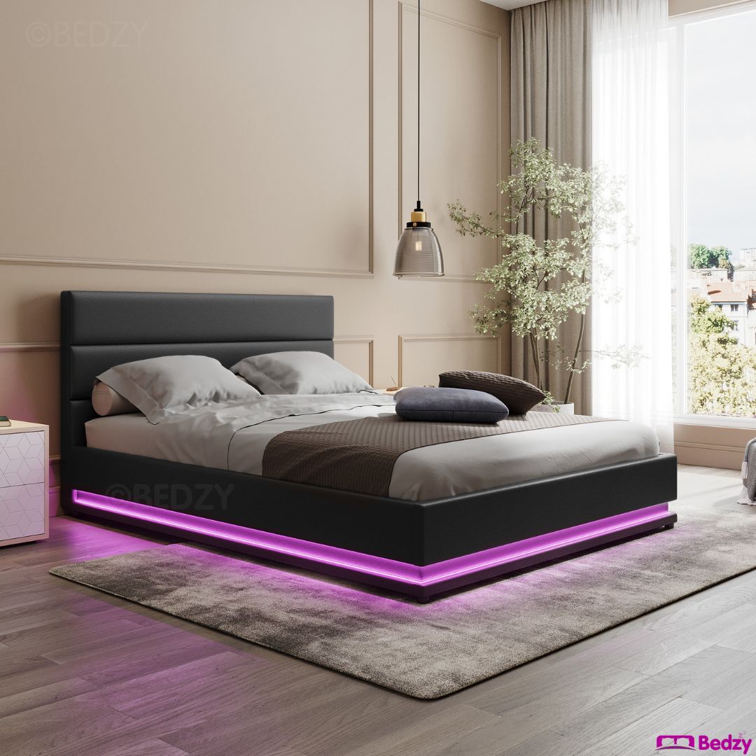 Henley King Single Gas Lift Storage Bed Frame with LED Lights - Black | Modern Space-Saving Bed with Hidden Storage | Perfect for Small Apartments, Dorms & Guest Rooms