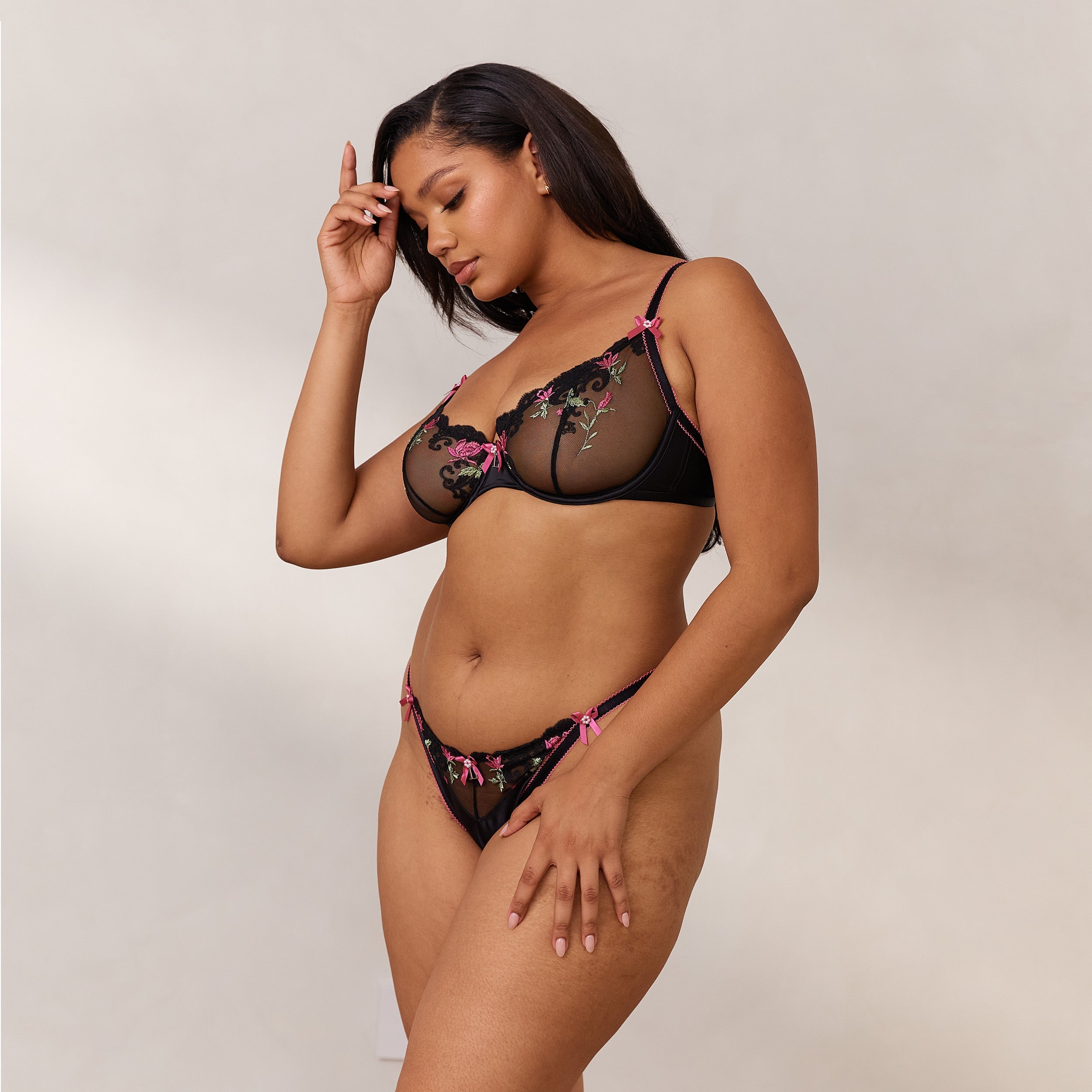Bloom Embroidered Balcony Bra - Lace Underwire Push Up Bra for Women, Comfortable Everyday Wear, Perfect for Date Night & Special Occasions - Black