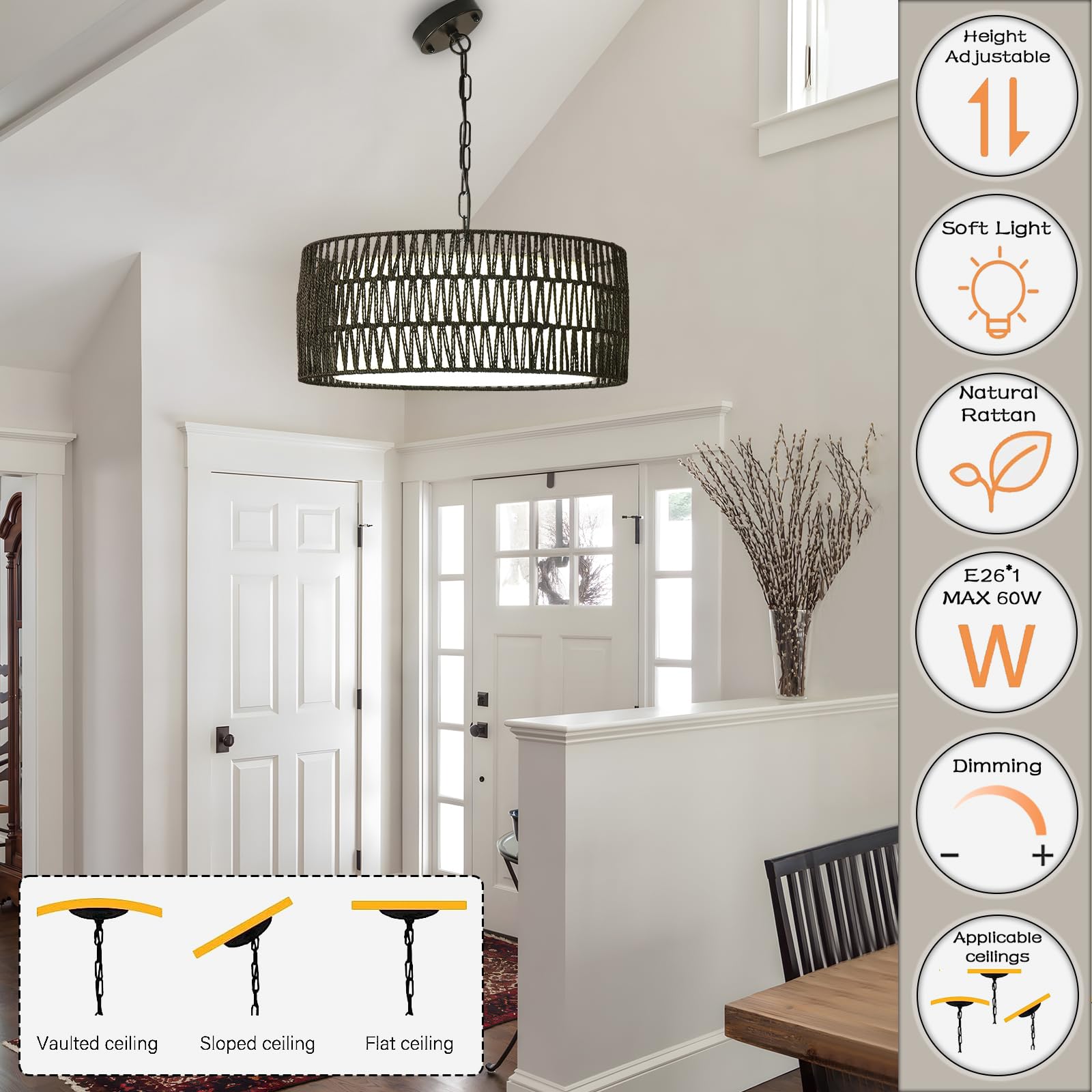 Farmhouse Rattan Chandelier Light Fixture - Black Boho Pendant Light with Hand Woven Wicker & Fabric Shade - Coastal Dining Room, Kitchen, Bedroom, Island & Hallway Lighting - Perfect for Rustic, Bohemian & Coastal Home Decor