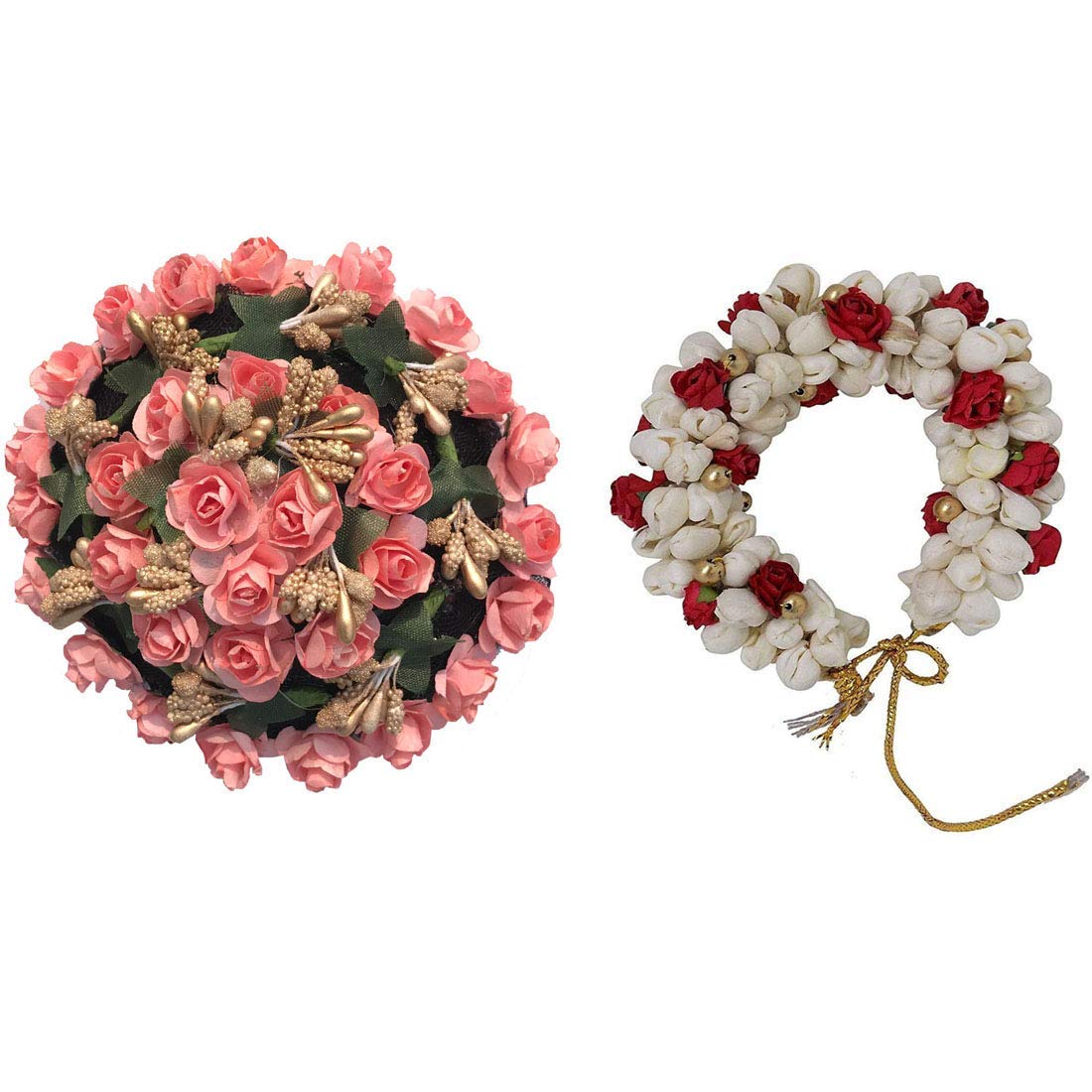 VinshBond Full Gajra Bun Hair Flower - Artificial Mogra Gajra Hair Accessories for Women, Multicolor (Pack of 2) - Perfect for Weddings, Parties, and Indian Traditional Events