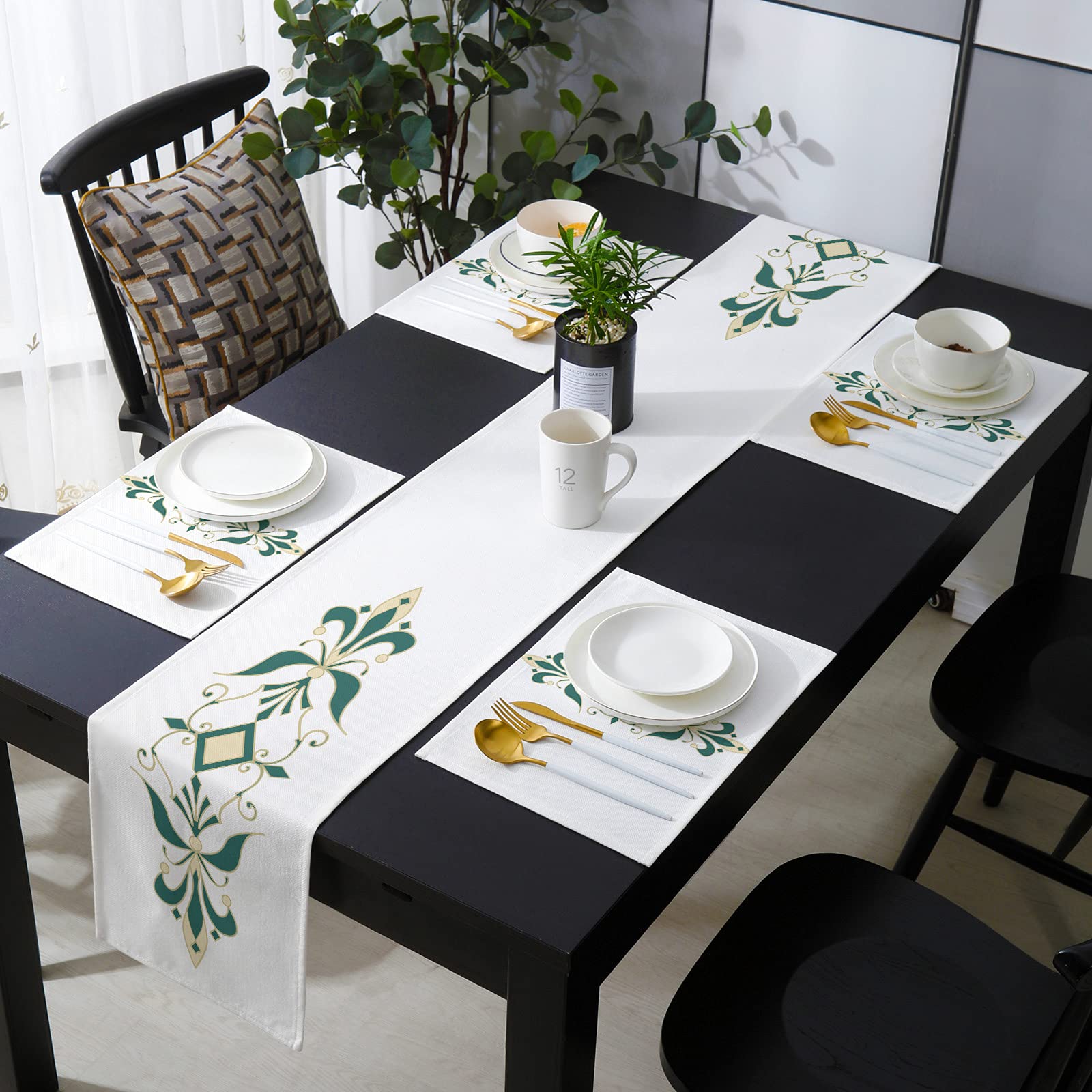Muswanna 6-Piece Washable Placemats and Table Runner Set - Lily Floral & Vine Leaves Design for Dining Table Decor | Indoor & Outdoor Use | Perfect for Dinner Parties, Holiday Gatherings, and Everyday Meals