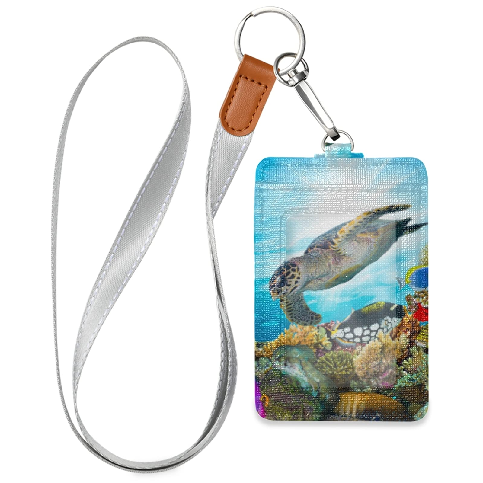 Premium PU Leather ID Badge Holder with Adjustable Neck Lanyard & Key Ring - Waterproof RFID Blocking Card Case for Work, School & Events (Sea Turtle Design)