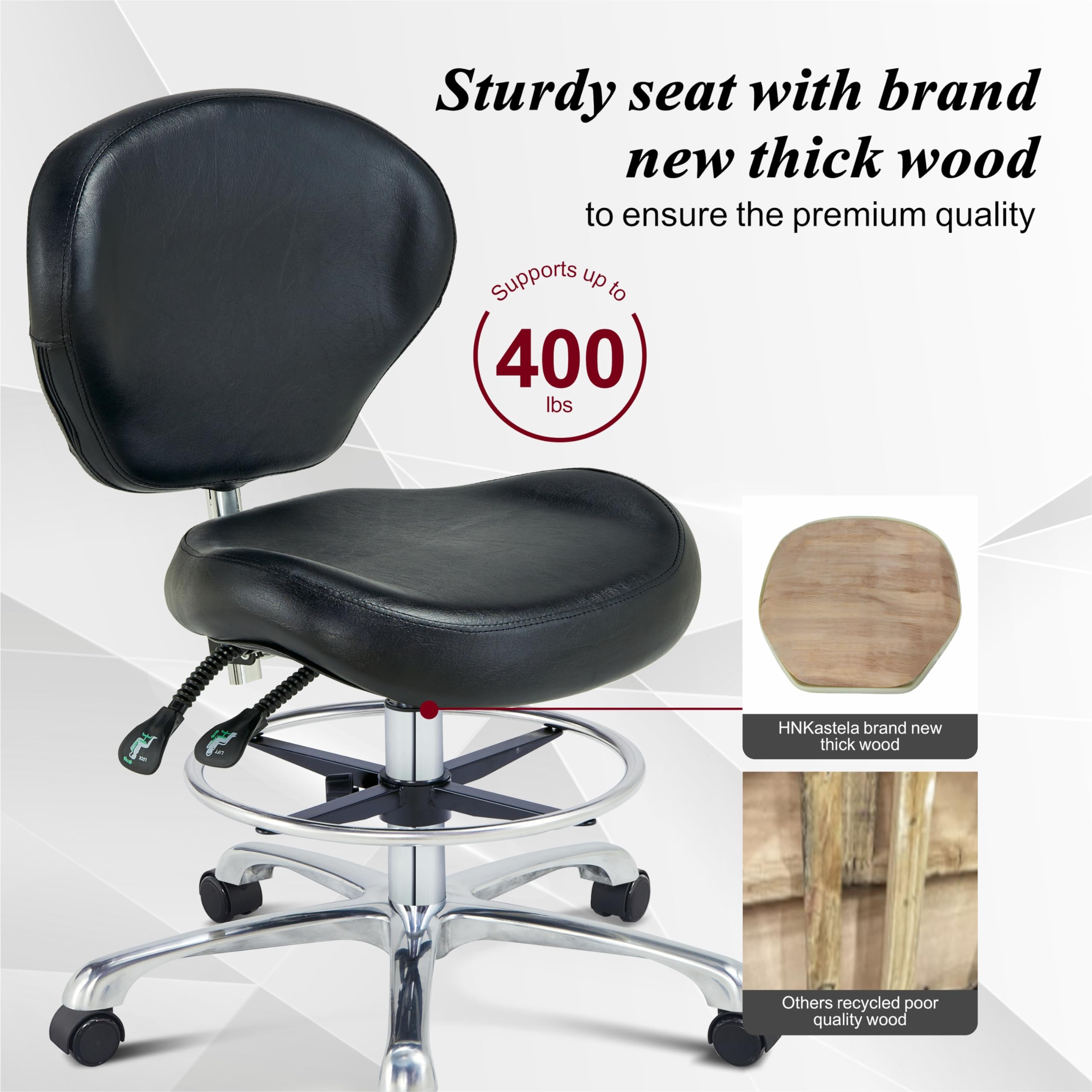 Ergonomic Drafting Stool with Back Support - Adjustable Height Rolling Office Chair with Wheels for Computer Work, Home Office, Studio & Crafting - Comfortable Black Shop Stool for Artists, Designers & Professionals