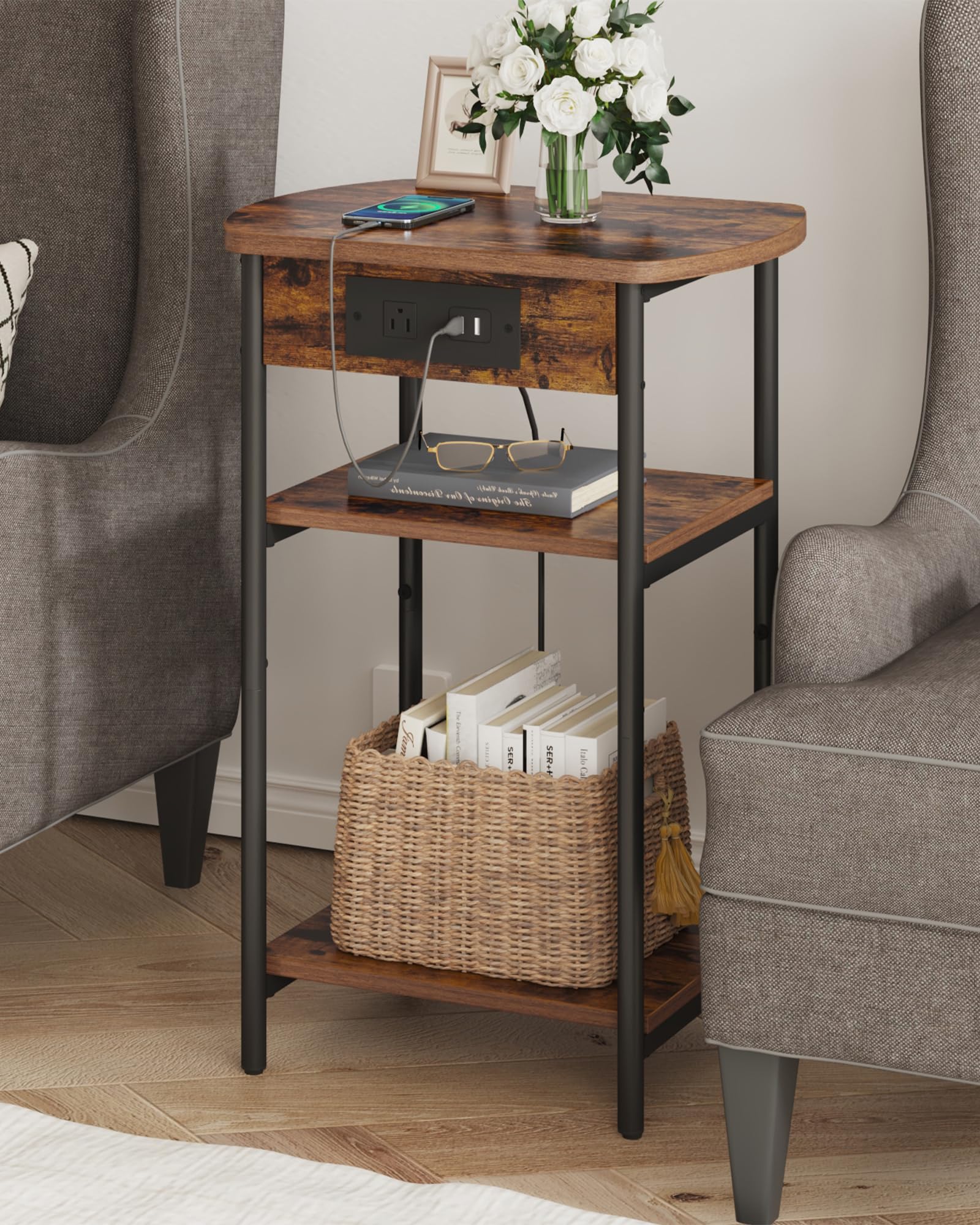 Modern Narrow End Tables with Charging Station - Set of 2 USB & Outlet Nightstands, Rustic Brown and Black Side Tables for Living Room & Bedroom - Perfect for Small Spaces, Phone Charging and Extra Storage ET15201B