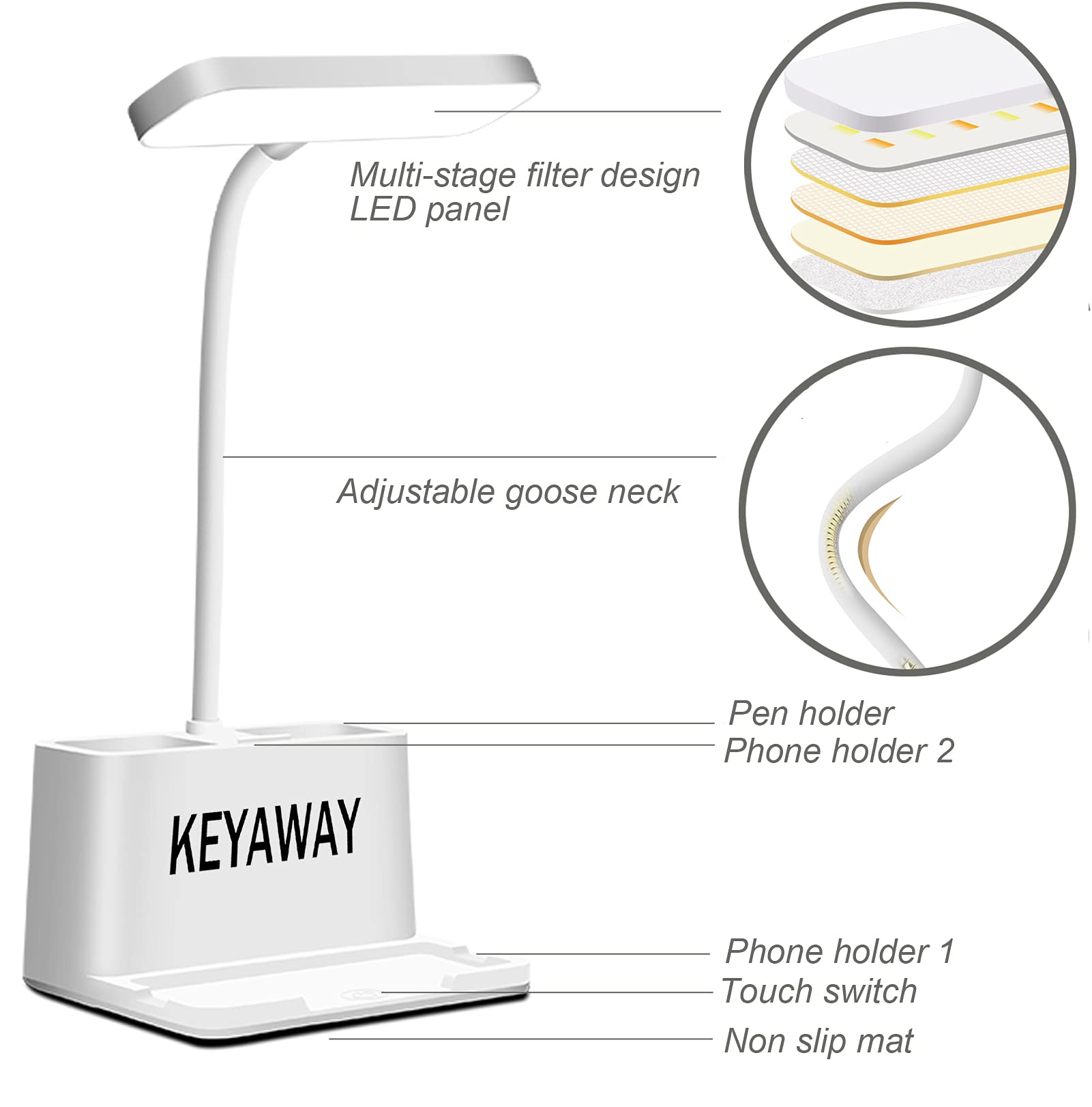 USB Rechargeable LED Desk Lamp with Flexible Gooseneck - 3 Color Modes & Stepless Dimming, Eye-Caring Study Light with Pen & Phone Holder for Home & Office - Perfect for Reading, Working, and Nighttime Studying