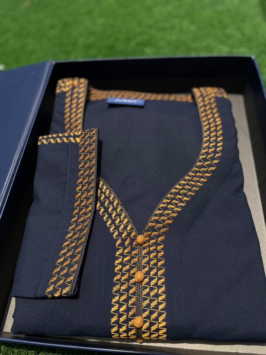 Men's Navy Blue with Orange Embroidery Islamic Thobe 3/4 Sleeve - Traditional Moroccan Kaftan for Eid, Prayer & Special Occasions