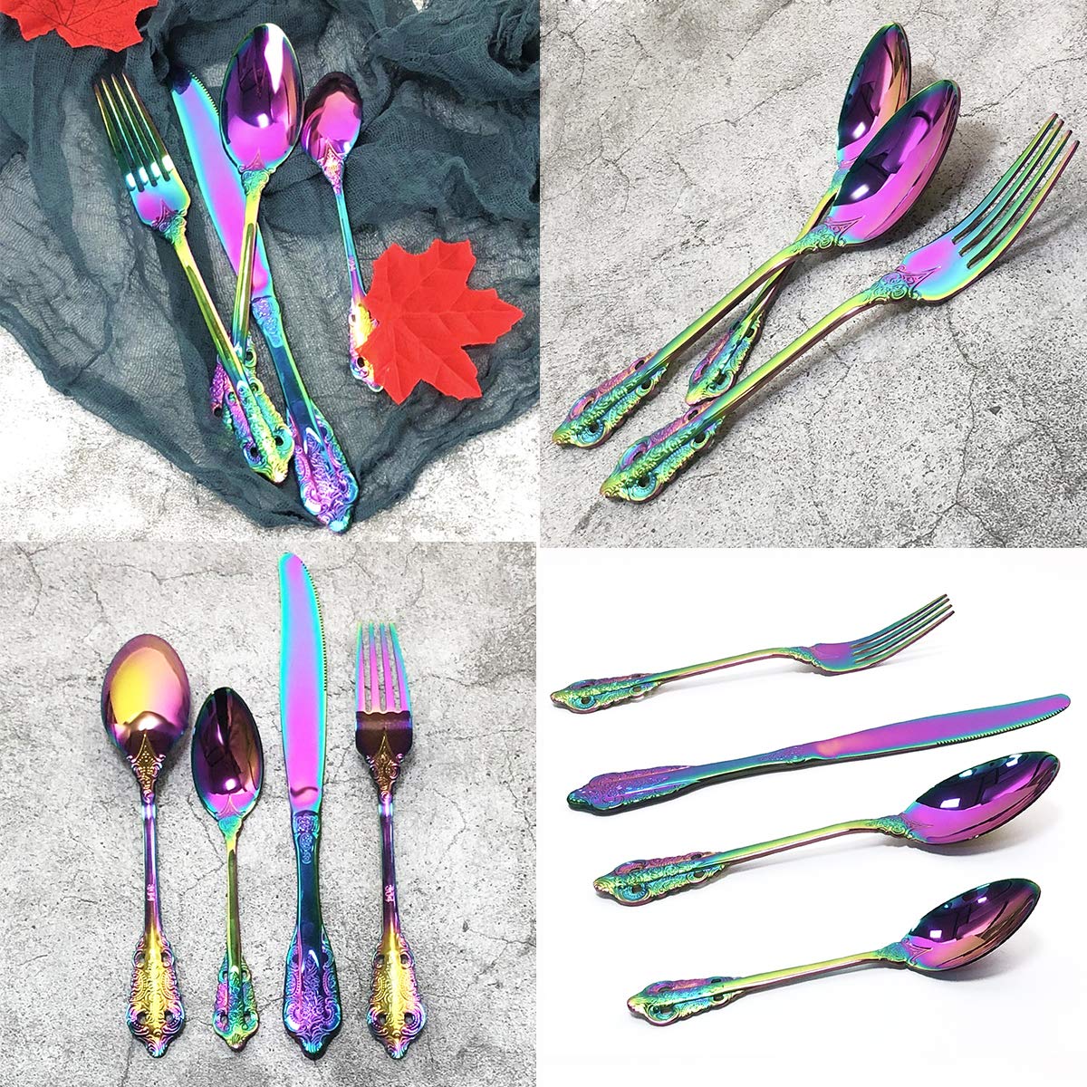 Gugrida 4-Piece Rainbow Silverware Set - 18/10 Stainless Steel Flatware Cutlery (Fork, Knife, Spoon) - Mirror Finish, Dishwasher Safe - Colorful Eating Utensils for Home, Kitchen, Party, Camping & Travel