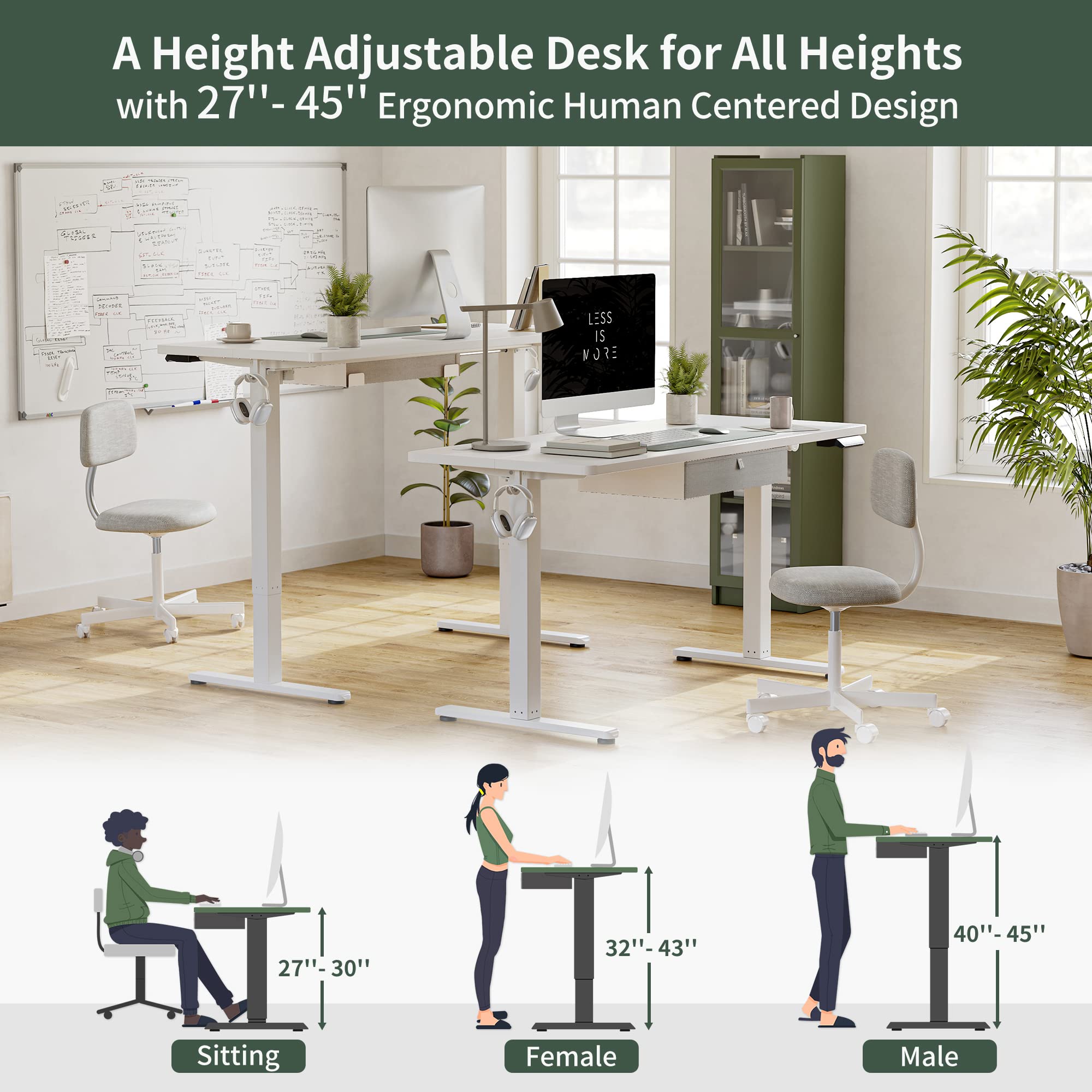 FEZIBO 48 x 24 Inches Electric Standing Desk with Drawer & Storage - Adjustable Height Ergonomic Computer Desk for Home Office (White) | Perfect for Remote Work, Gaming & Study Spaces