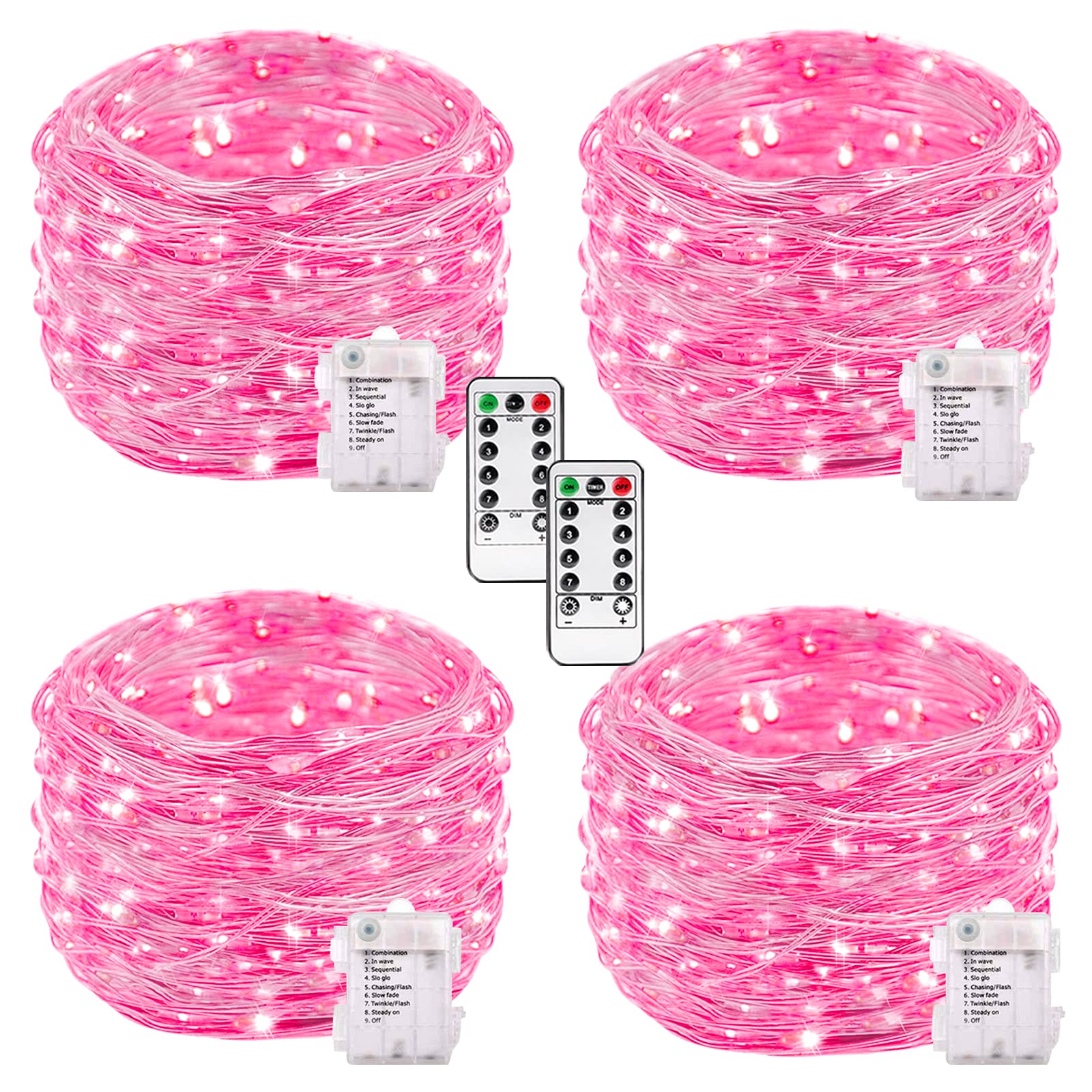 75LED 24.6ft Pink Fairy Lights with Remote Control - 8 Lighting Modes, Battery Operated Silver Wire Twinkle Lights for Christmas Decor, Bedroom, Party, Indoor & Outdoor Use - Perfect for Weddings, Gardens and Home Decoration