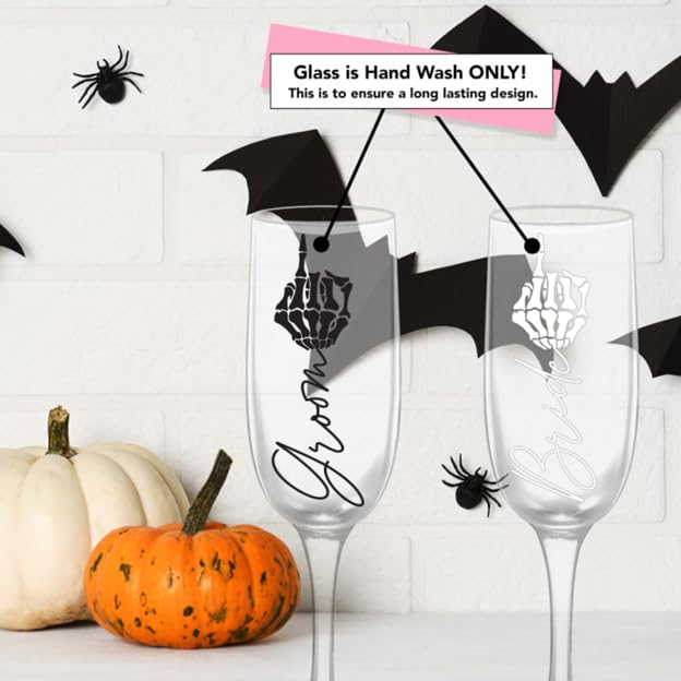 Personalized Skeleton Bride and Groom Champagne Flute Set - Gothic Wedding Glassware for Halloween, Gothic Weddings, and Unique Anniversary Gifts