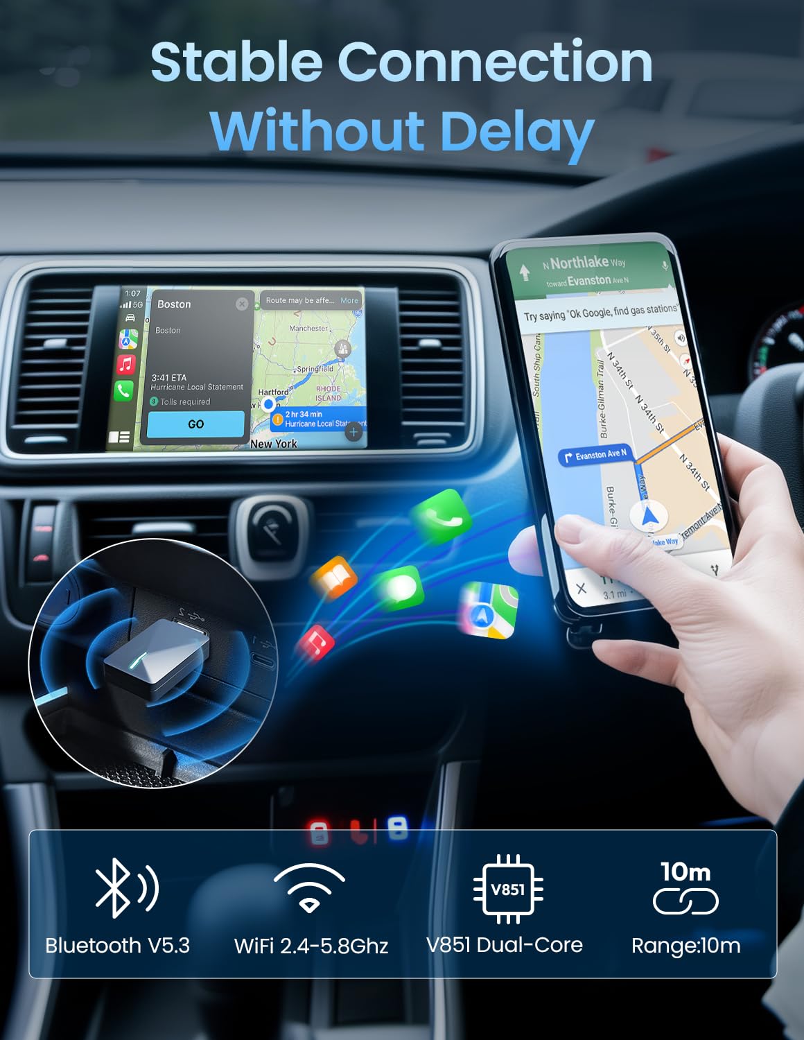 Wireless CarPlay Adapter for iPhone - Convert Wired to Wireless CarPlay, 5.2Ghz Bluetooth Apple CarPlay Dongle for iOS 10+/Android 11+, Supports OTA Updates - Perfect for Commuting, Road Trips & Hands-Free Driving