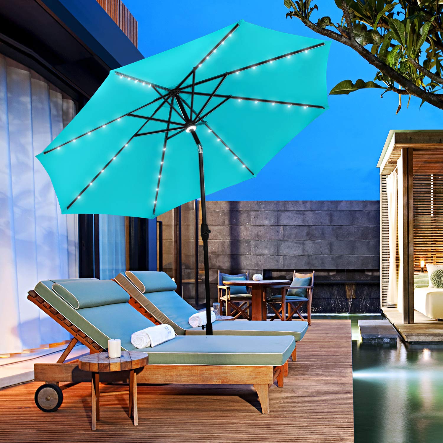 10Ft Lighted Aluminum Patio Umbrella with Tilt & Crank - Outdoor Market Umbrella for Garden, Deck, Backyard, Pool - Perfect for Dining, Lounging & Summer Entertaining (Light Blue)