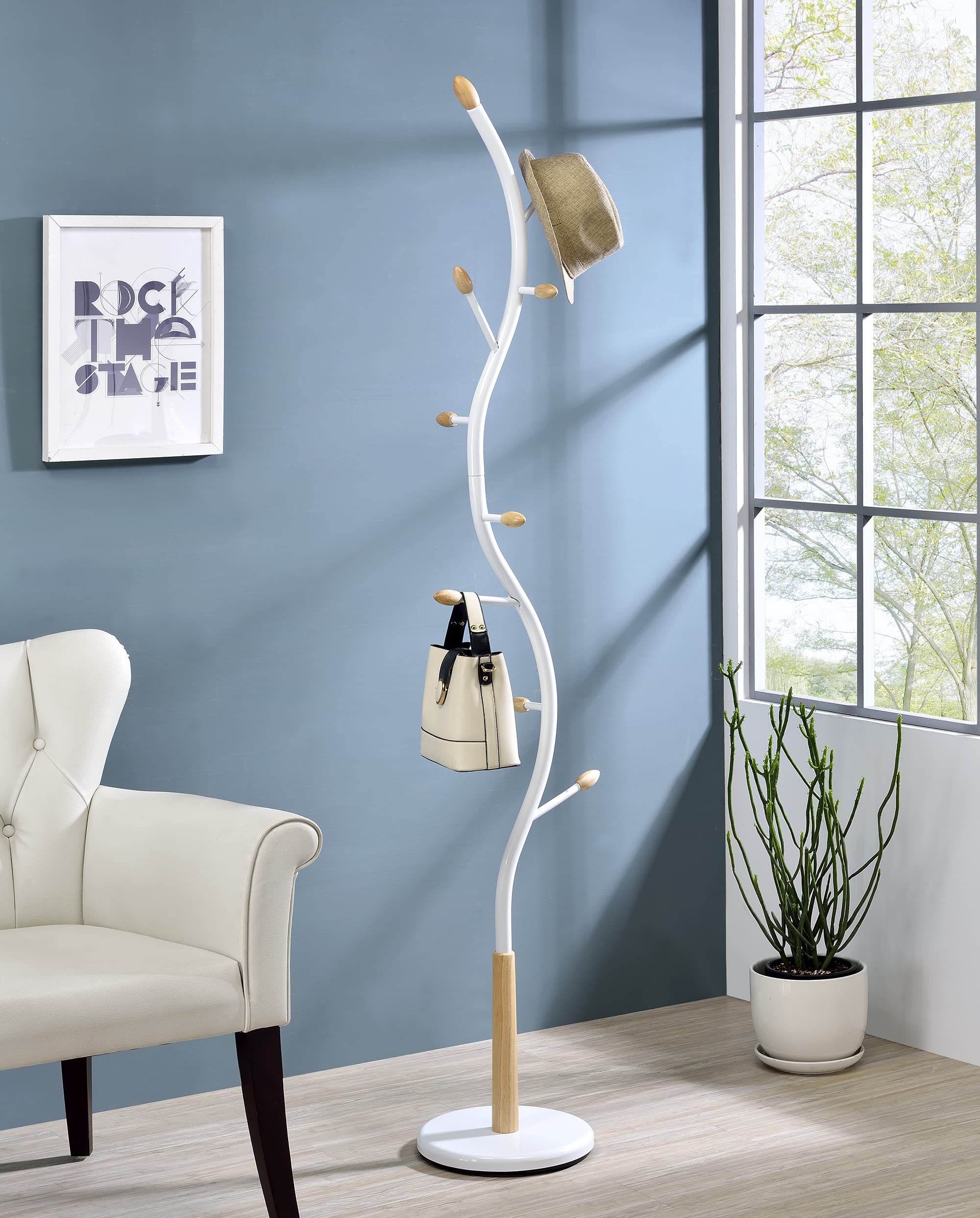 Roundhill Furniture Arles White Metal Standing Coat Rack - Freestanding Entryway Organizer for Hats, Jackets & Bags - Perfect for Hallway, Bedroom or Office Storage