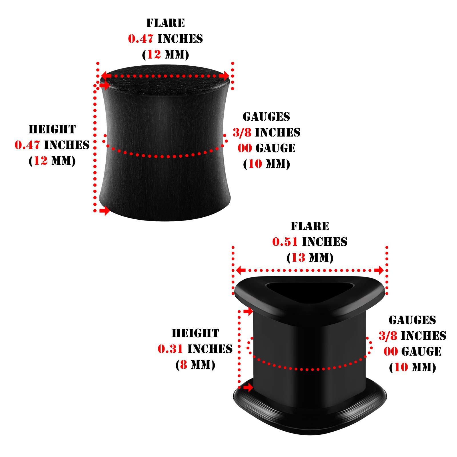 2 Pairs Areng Wood Black Silicone Double Flared Saddle Piercing Jewelry - Stretcher Ear Flesh Tunnel Lobe Earring Plugs for Men & Women - Perfect for Everyday Wear, Parties and Body Modification