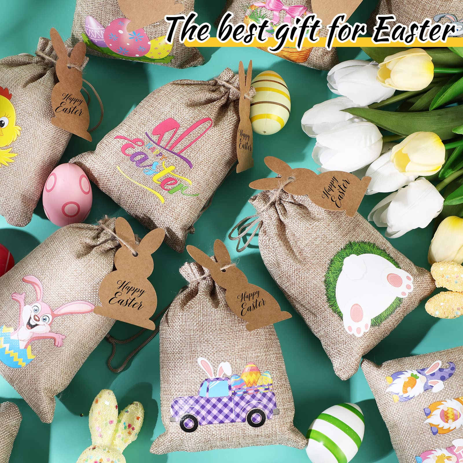 Shappy 24-Piece Easter Burlap Drawstring Gift Bags - Reusable Bunny Linen Favor Bags with Double Jute Strings - Classic Style Easter Party Favors, Egg Hunt Treats & Spring Decorations