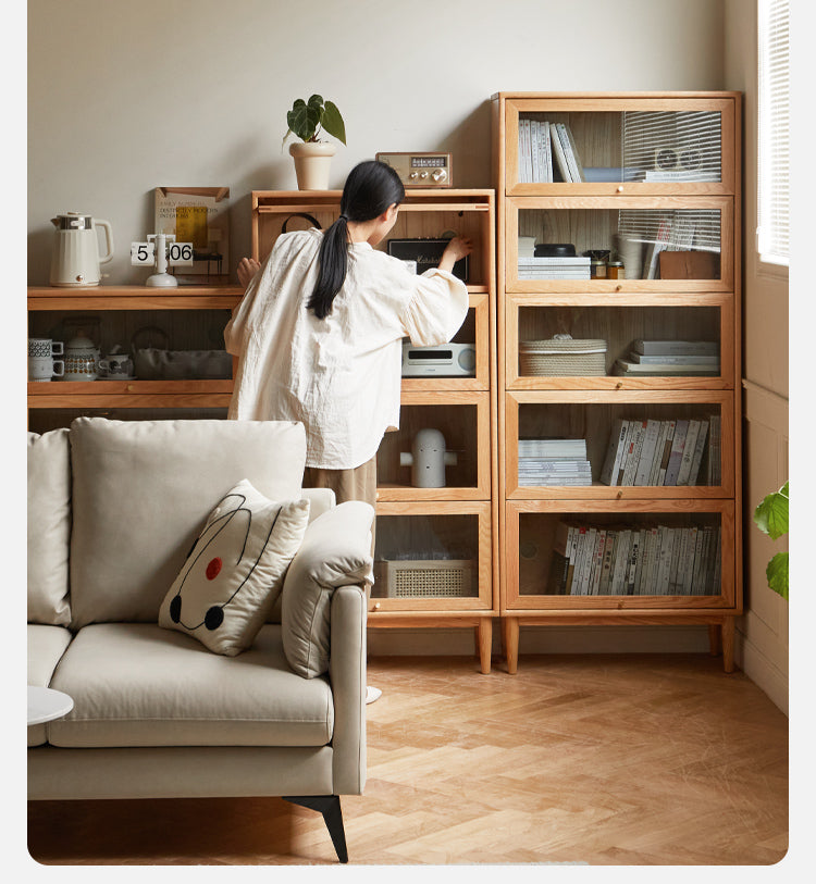 Premium Oak Solid Wood Multi-Layer Flip Door Glass Bookcase - Stylish Home Office Library Storage for Books, Decor & Collectibles