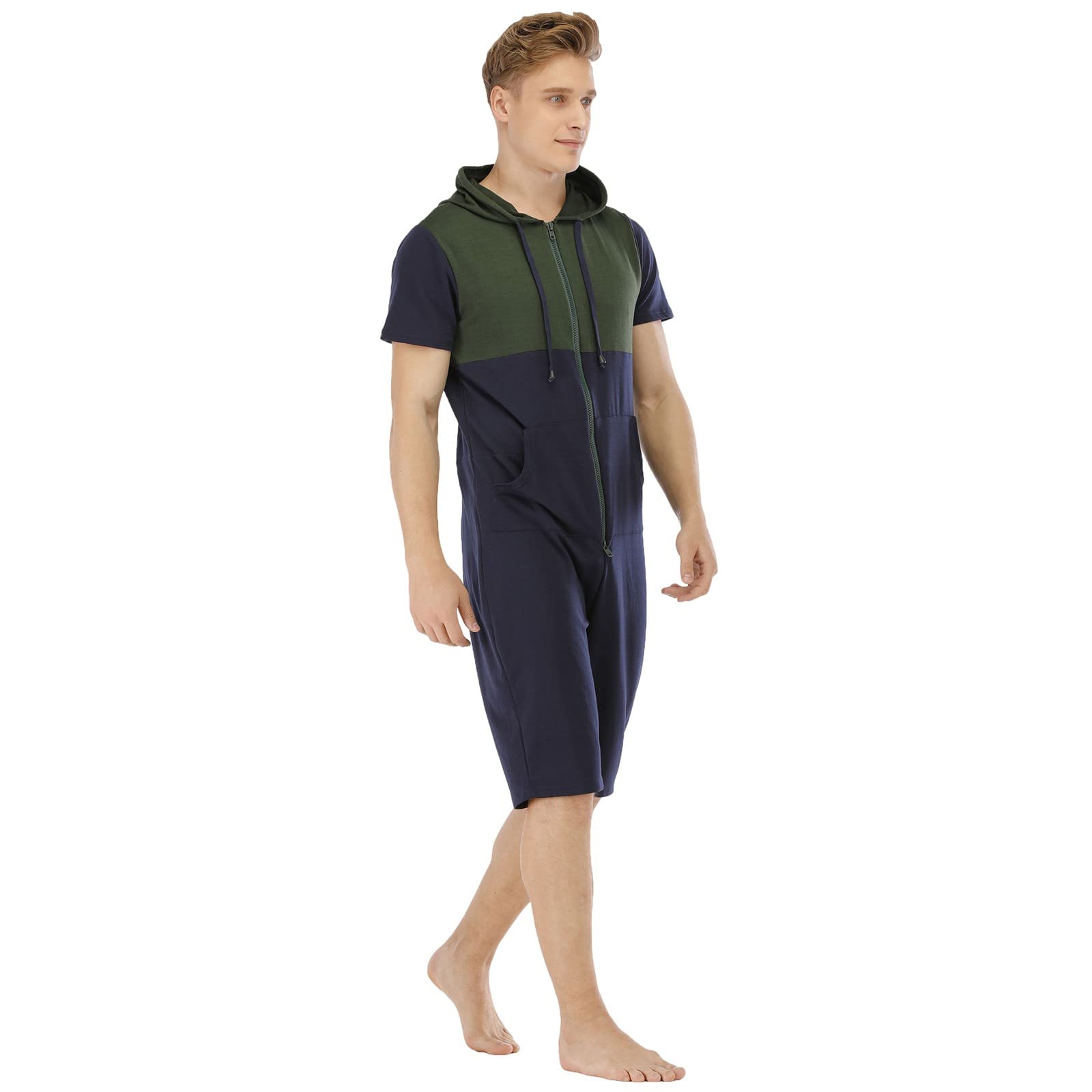 **Men's Color Block Hooded Jumpsuit - Short Sleeve Zipper Sweatsuit for Spring & Summer | Casual Streetwear, Gym, Travel Outfit**