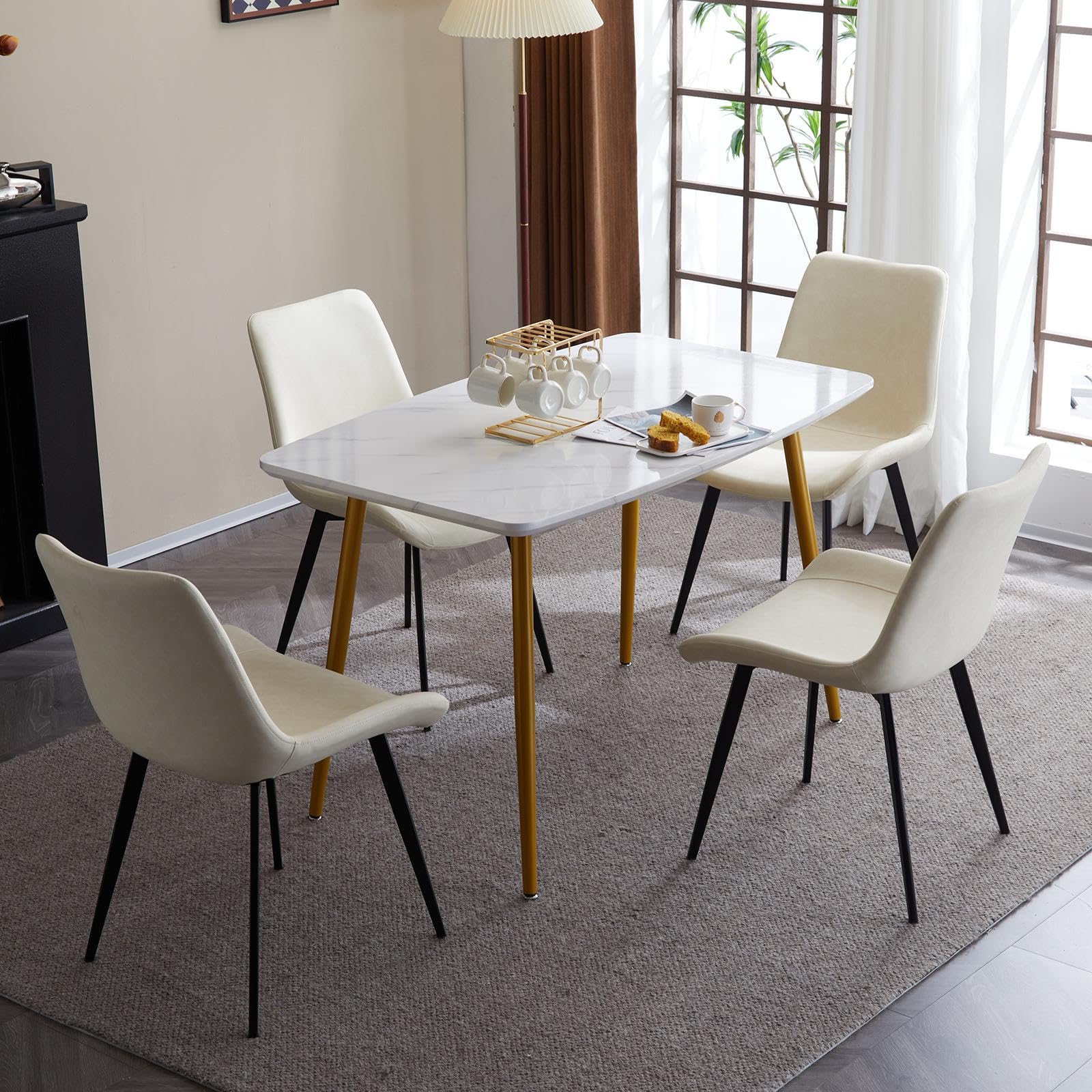 4-Piece Iron Pipe Curved Dining Chair Set - Disassembled PU Leather Chairs with Cushioned Seat & Backrest - Modern Industrial Style for Kitchen, Dining Room, Lounge & Living Room - Off-White - Perfect for Home Decor, Restaurant or Cafe Seating