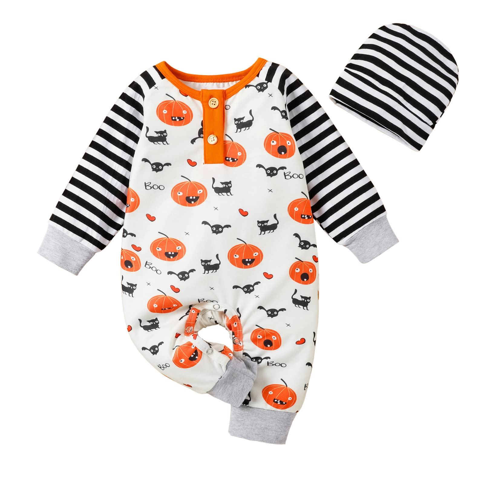 **Halloween Baby Outfit - Pumpkin Romper & Hat Set for Newborn Boys & Girls - Striped Long Sleeve Jumpsuit - Perfect for Halloween Parties & Photo Shoots**