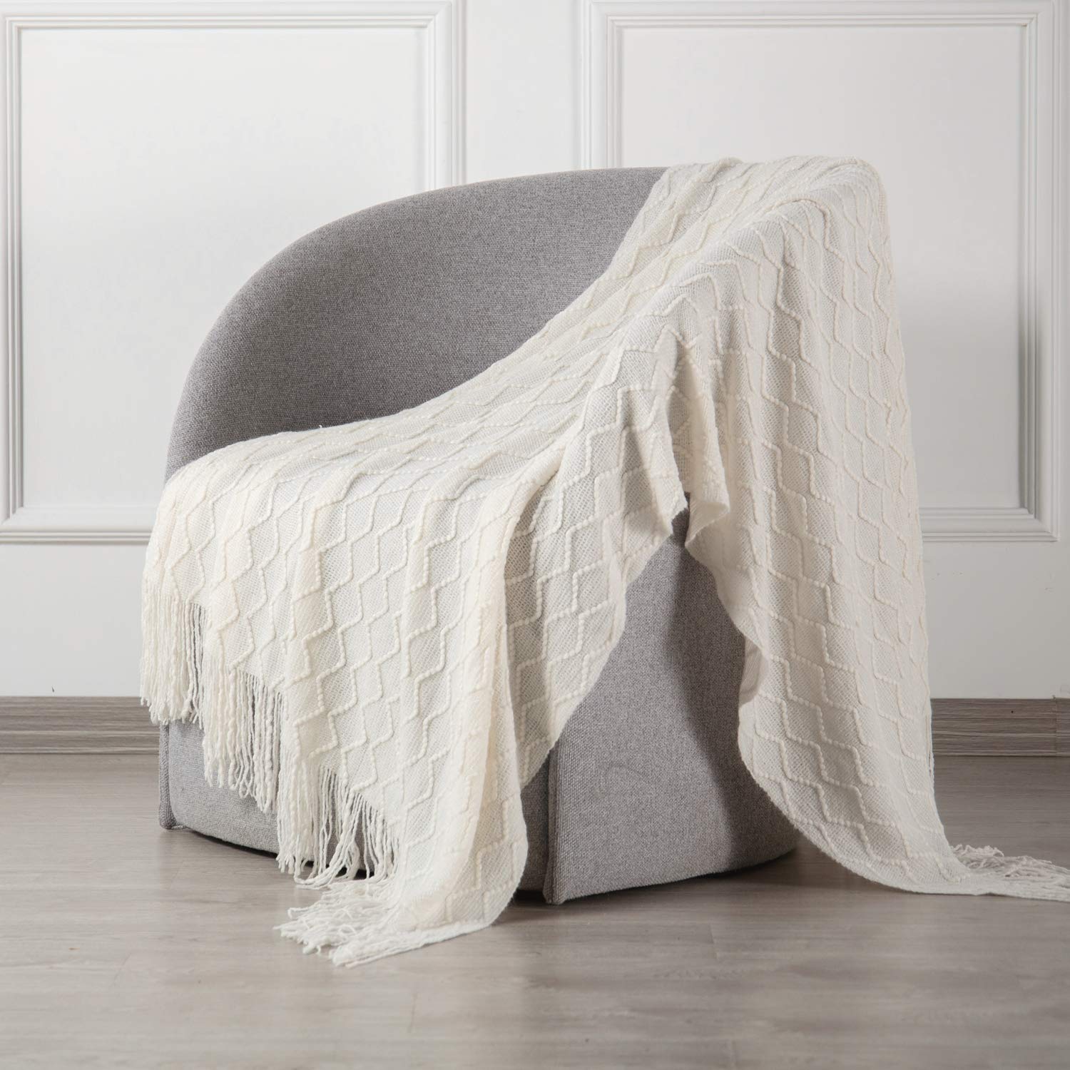 SPAOMY 50x60 Inch Knit Throw Blanket with Tassels - Soft Textured Lightweight Decorative Blanket for Couch, Bed, Sofa - Cozy All-Season Beige Blanket for Home, Office, Travel & Gift Giving