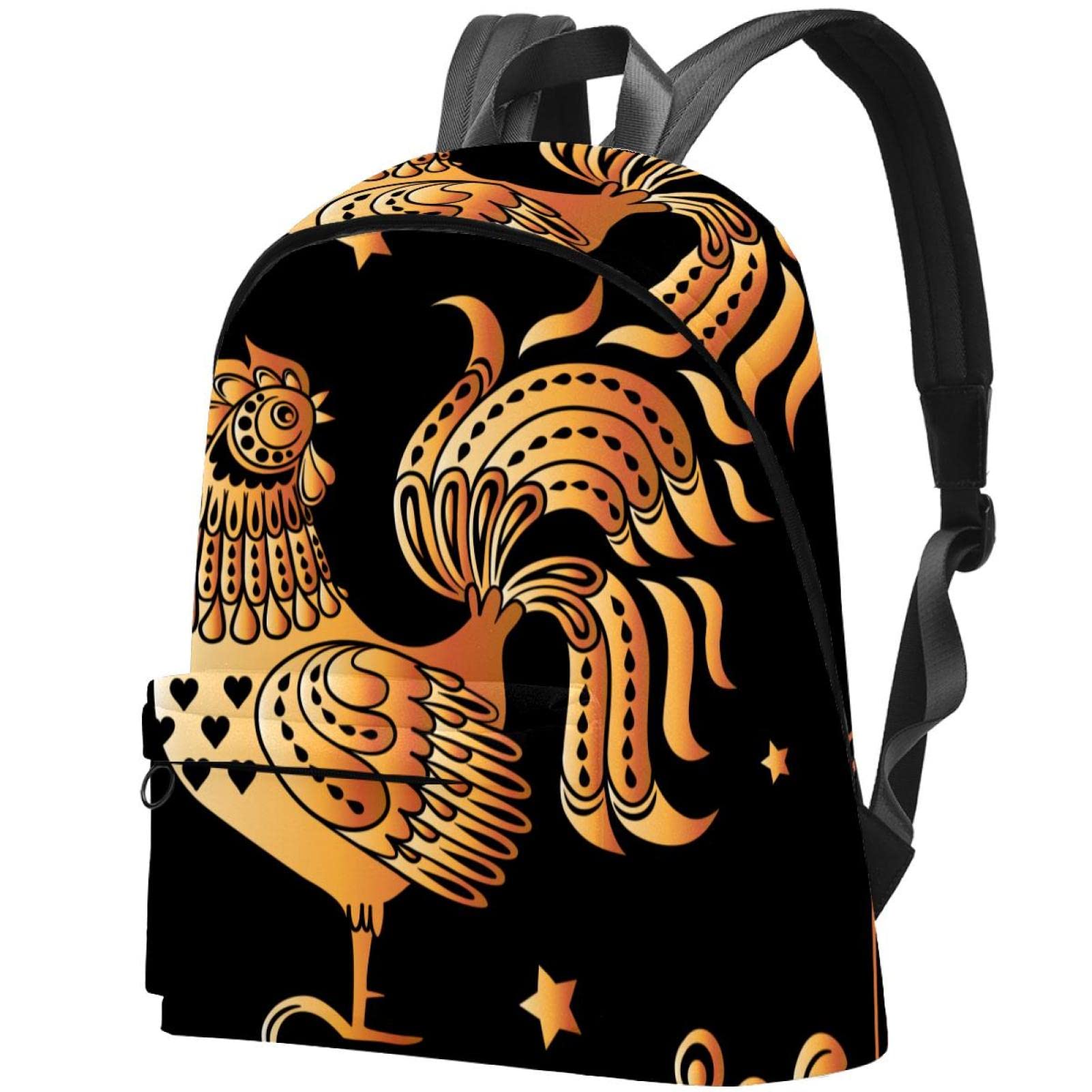Durable Canvas Backpack for College & Travel - Stylish Unisex Backpack with Black Golden Rooster Print - Perfect for School, Commuting & Weekend Getaways
