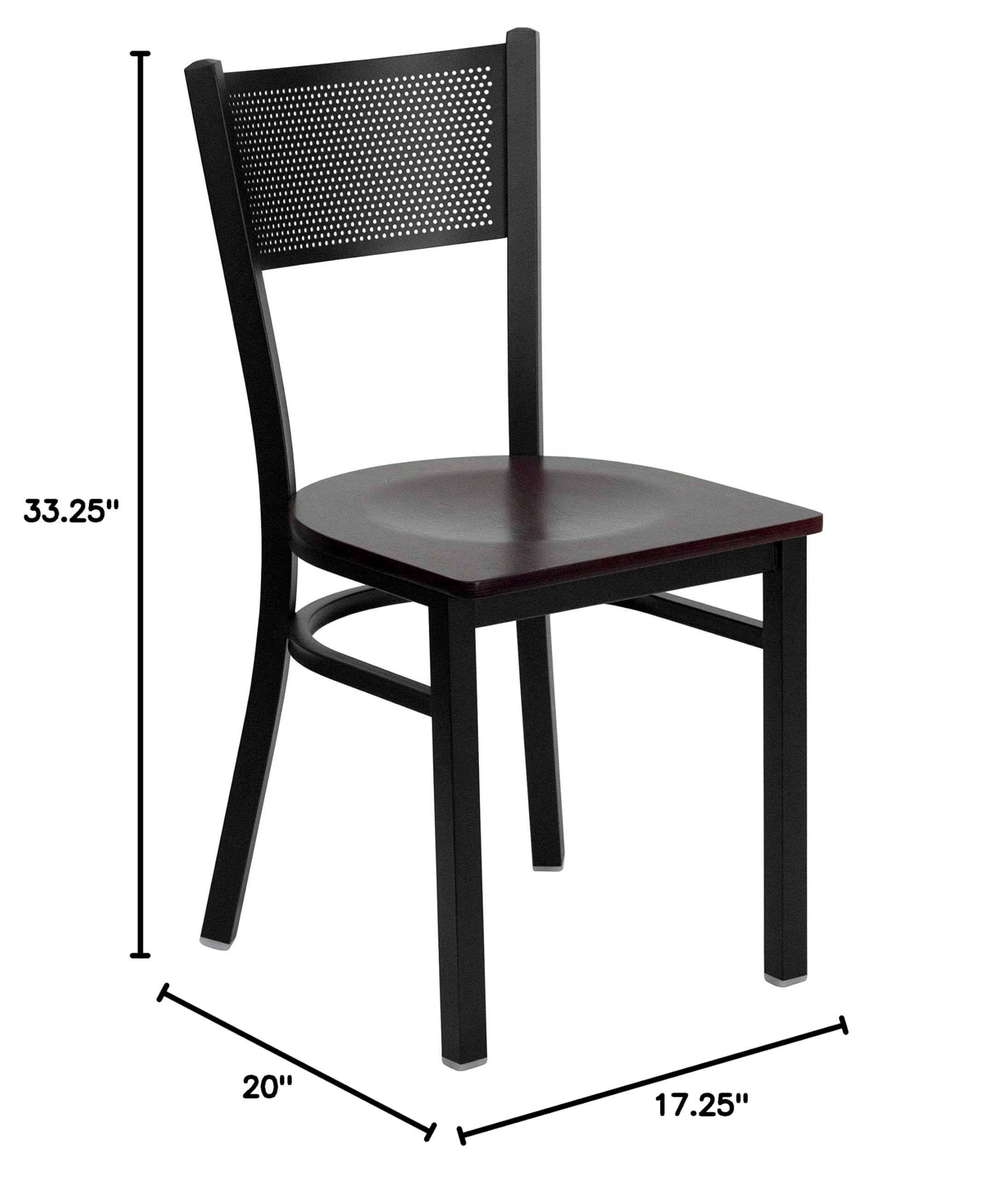 Black Grid Back Metal Restaurant Chair with Mahogany Wood Seat - Durable Commercial Dining Chairs for Cafes, Bistros, and Home Kitchens