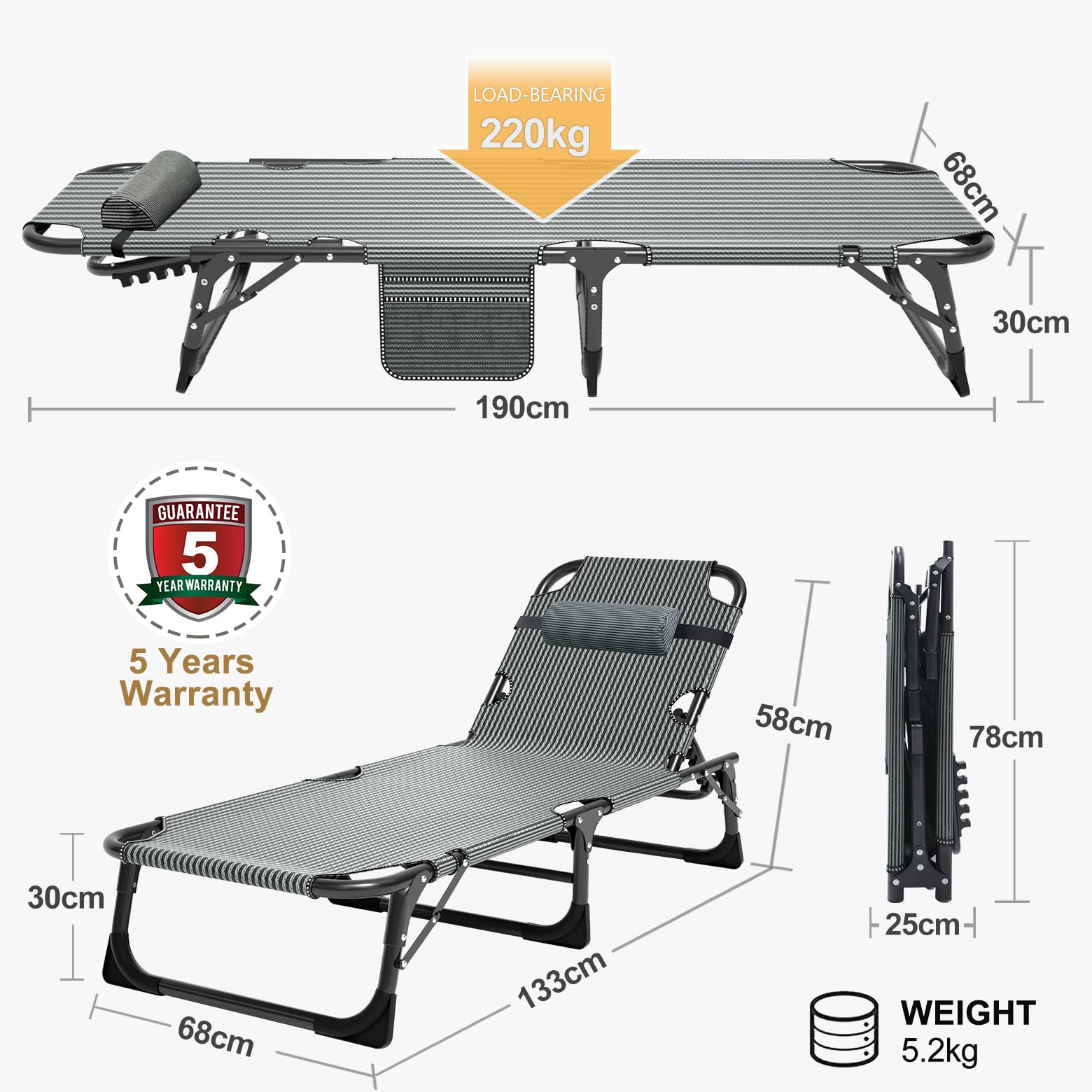 MOPHOTO 5-Position Folding Lounge Chair - Portable Outdoor Chaise Lounge for Sunbathing, Pool, Beach & Patio - Lightweight & Adjustable for Camping, Backyard Relaxation & Travel