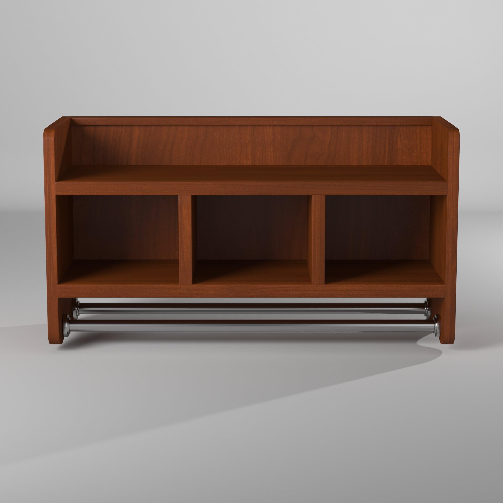 25-Inch Bathroom Storage Shelf with Dual Towel Rods - Wall Mounted Organizer with 3 Cubbies & Top Shelf, Easy Installation, Chestnut Finish - Perfect for Bathroom, Mudroom & Laundry Room Organization