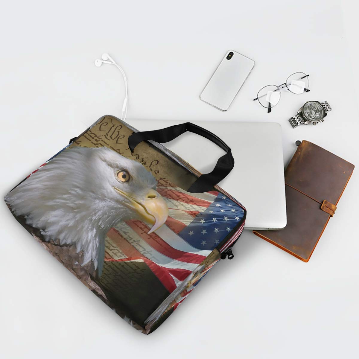 Patriotic USA Flag & Eagle Laptop Bag - Durable 13-15.6 Inch Laptop Sleeve Case with Shoulder Strap for Work, Travel & Business | American Flag Design Computer Briefcase for Men & Women