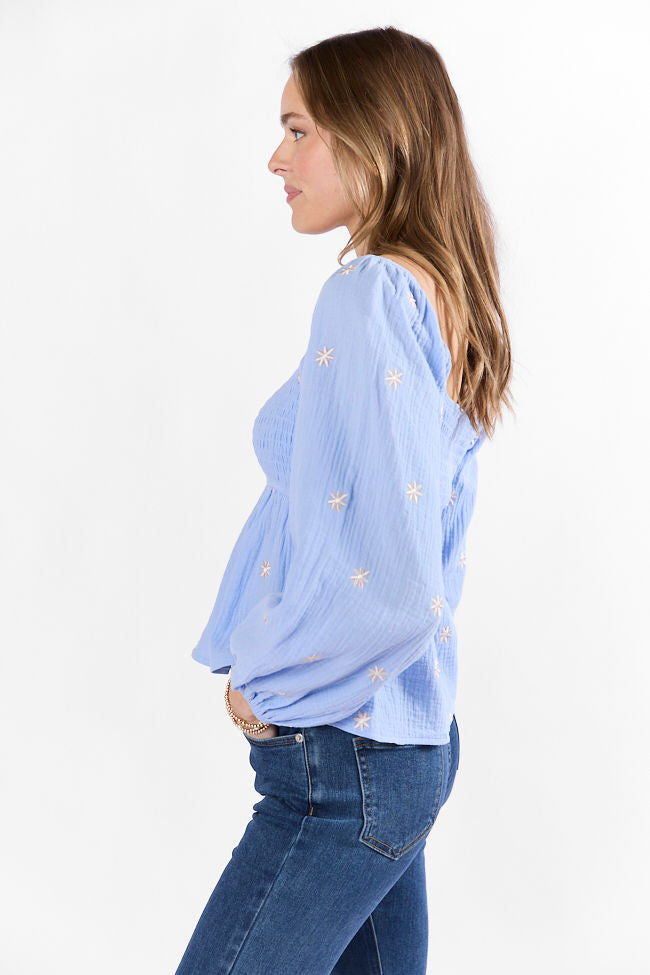 Darling Days Blue Floral Embroidered Gauze Top - Women's Boho Chic Blouse for Summer, Beach, and Casual Outings