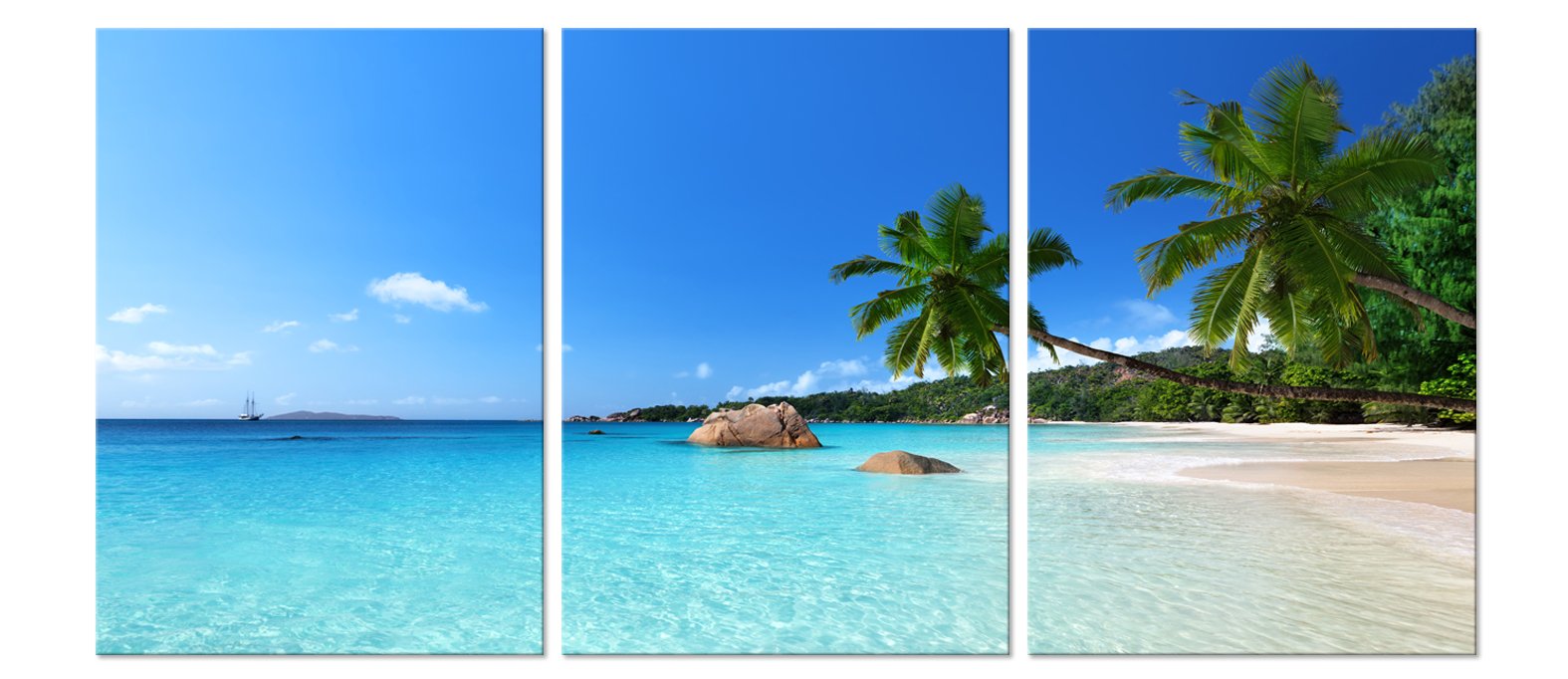 DigiArt Beach Palm Trees Wall Art - 3 Panel Seascape Print for Home Decor