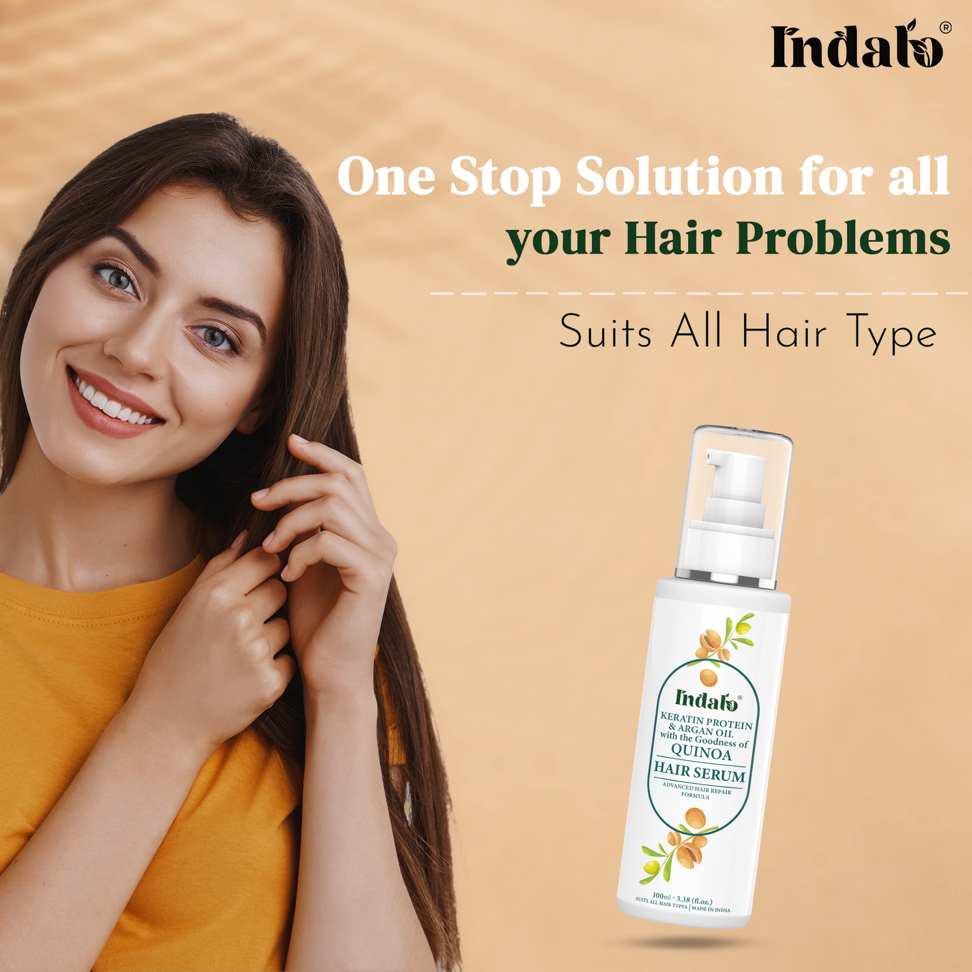Indalo® Quinoa Protein Hair Serum with Keratin & Argan Oil - 100ml for Silky, Soft, Smooth & Shiny Hair | Reduces Breakage & Repairs Damage | Advanced Hair Repair Formula | Perfect for Daily Use, Styling & Heat Protection