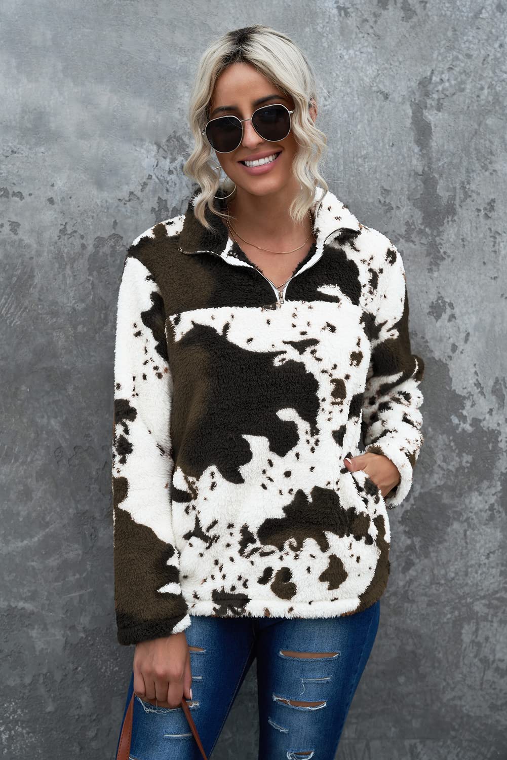 EARKOHA Women's Plus Size Long Sleeve Cow Print Fleece Jacket with Zip Collar - Warm Casual Outerwear for Fall, Winter & Outdoor Activities