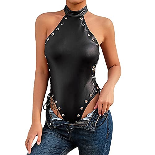 Derozean Women's Wet Look Black Lingerie Teddy Bodysuit - Sexy One Piece Hanging Neck Lingerie for Women | Perfect for Valentine's Day, Bridal Shower & Romantic Nights