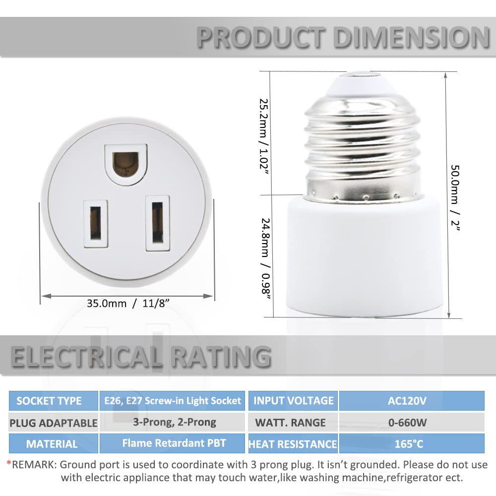 3 Prong Outlet Light Socket Adapter - E26 to Outlet Converter, Screw-in Light Bulb Socket Plug (2 Pack, White) - Perfect for Porch Lights, Security Cameras, Garage Lighting & Holiday Light Strings
