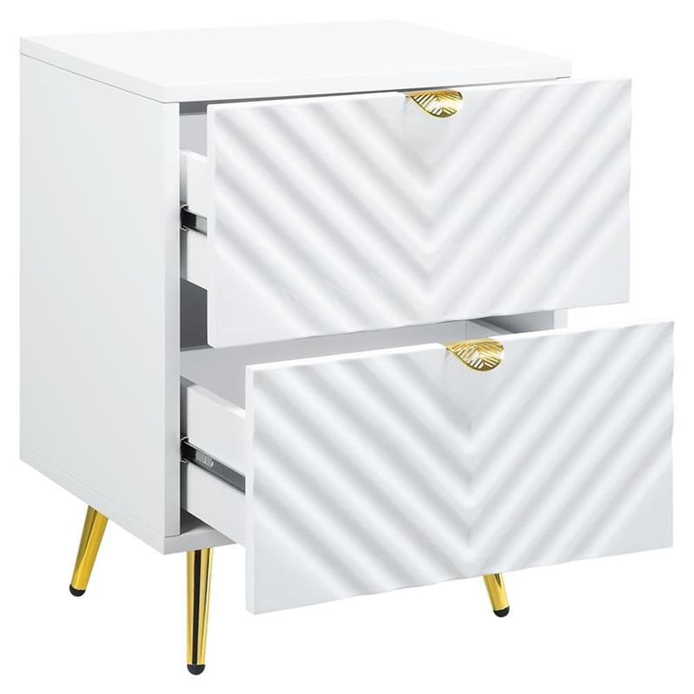 ACME White High Gloss Nightstand with 2 Drawers - Modern Bedside Table for Bedroom, Living Room & Guest Room Storage