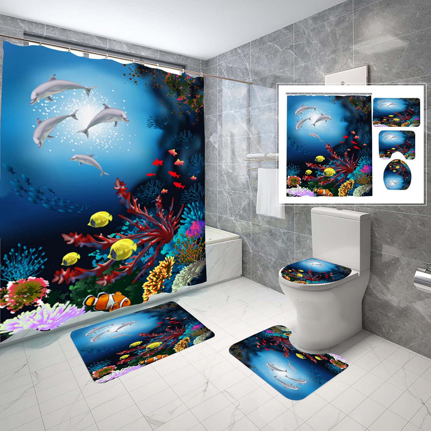 Blue Ocean Bathroom Sets for Kids - Shower Curtain with White Dolphins & Fish, Bath Mat, Toilet Seat Cover & Rugs | Boys & Girls Coastal-Themed Bathroom Decor | Perfect for Beach House, Nursery or Kids' Bathroom Makeover