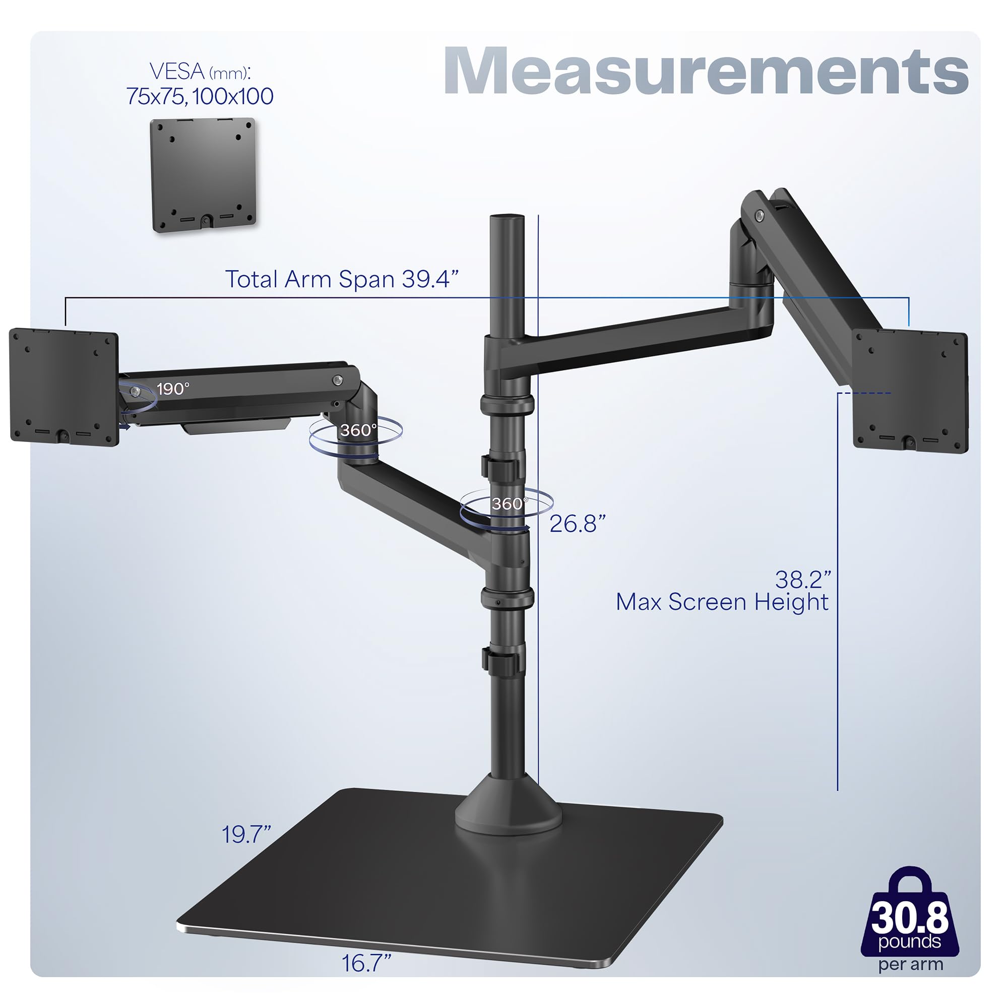 VIVO Dual Monitor Arm Stand for 49 inch Screens - Pneumatic Height Adjustable Ultrawide Monitor Mount with Tempered Glass Base, Holds 2 Monitors Up to 30.8 lbs, Black (STAND-V249FG) - Perfect for Home Office, Gaming Setup, and Workspace Ergonomics