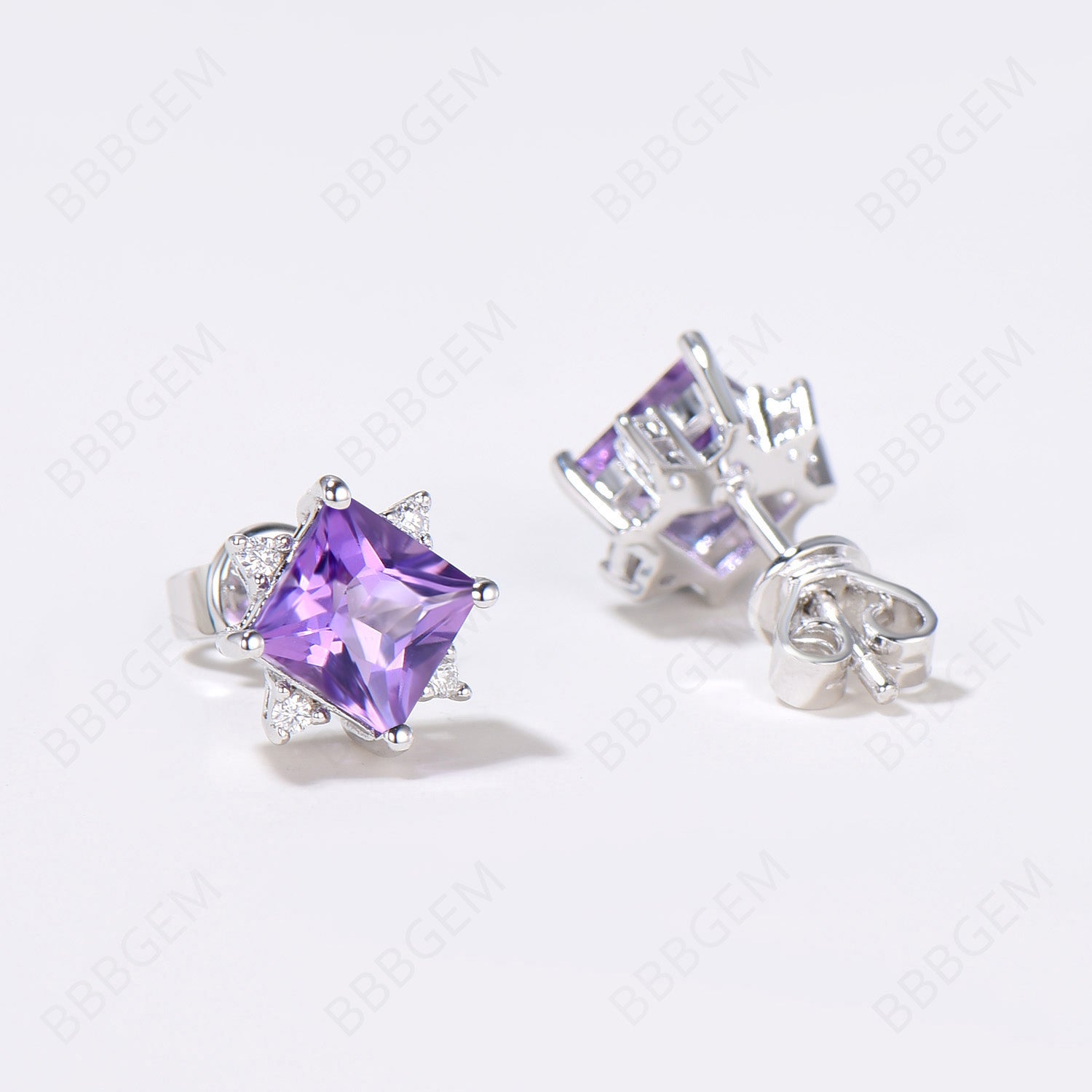 Natural Amethyst Stud Earrings - 5 Stone Princess Cut Earrings for Women | Elegant Purple Gemstone Jewelry Gift for Birthday, Anniversary & Special Occasions