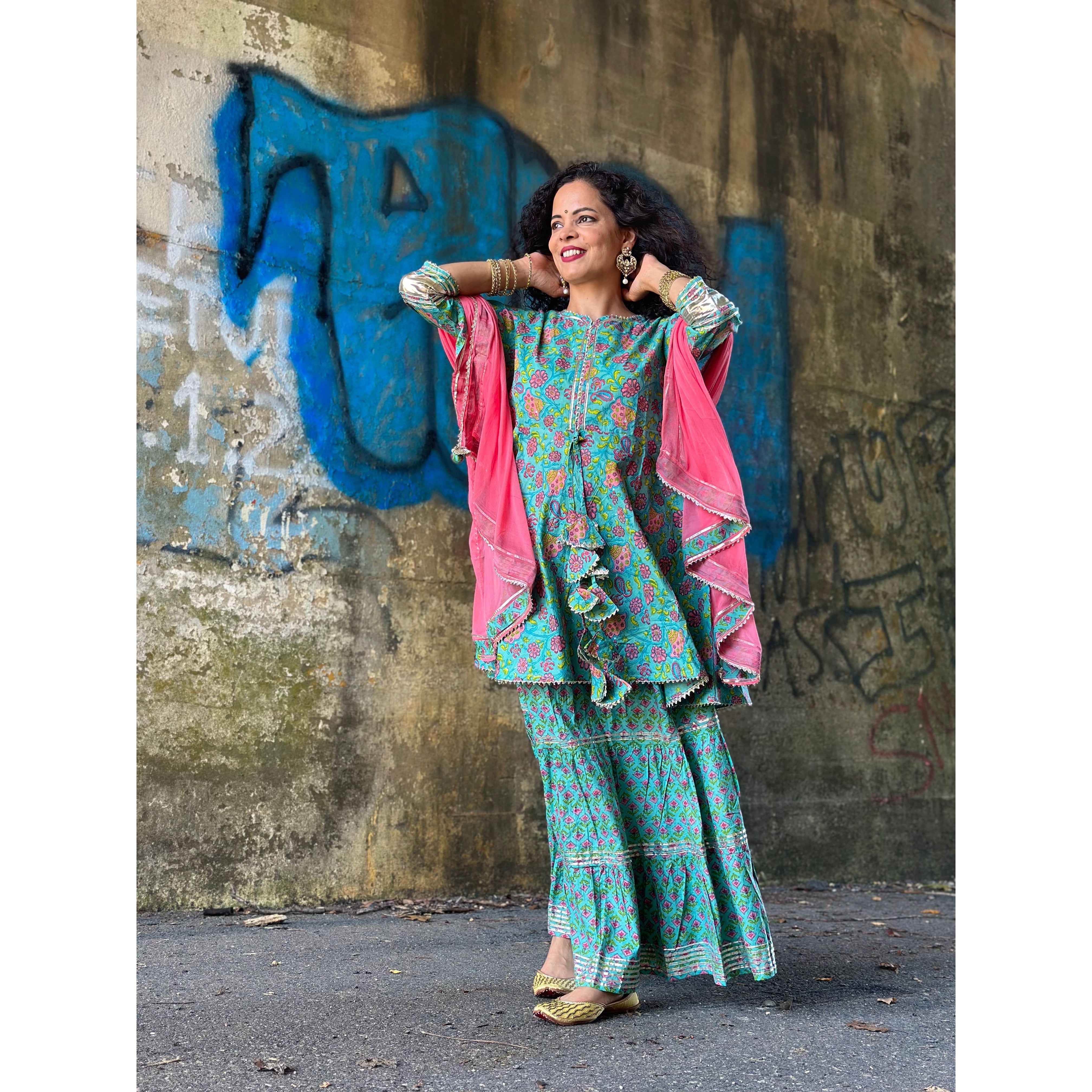 Stylish Sea Green Printed Kurti Set with Skirt & Dupatta - Perfect for Festivals, Weddings & Ethnic Occasions